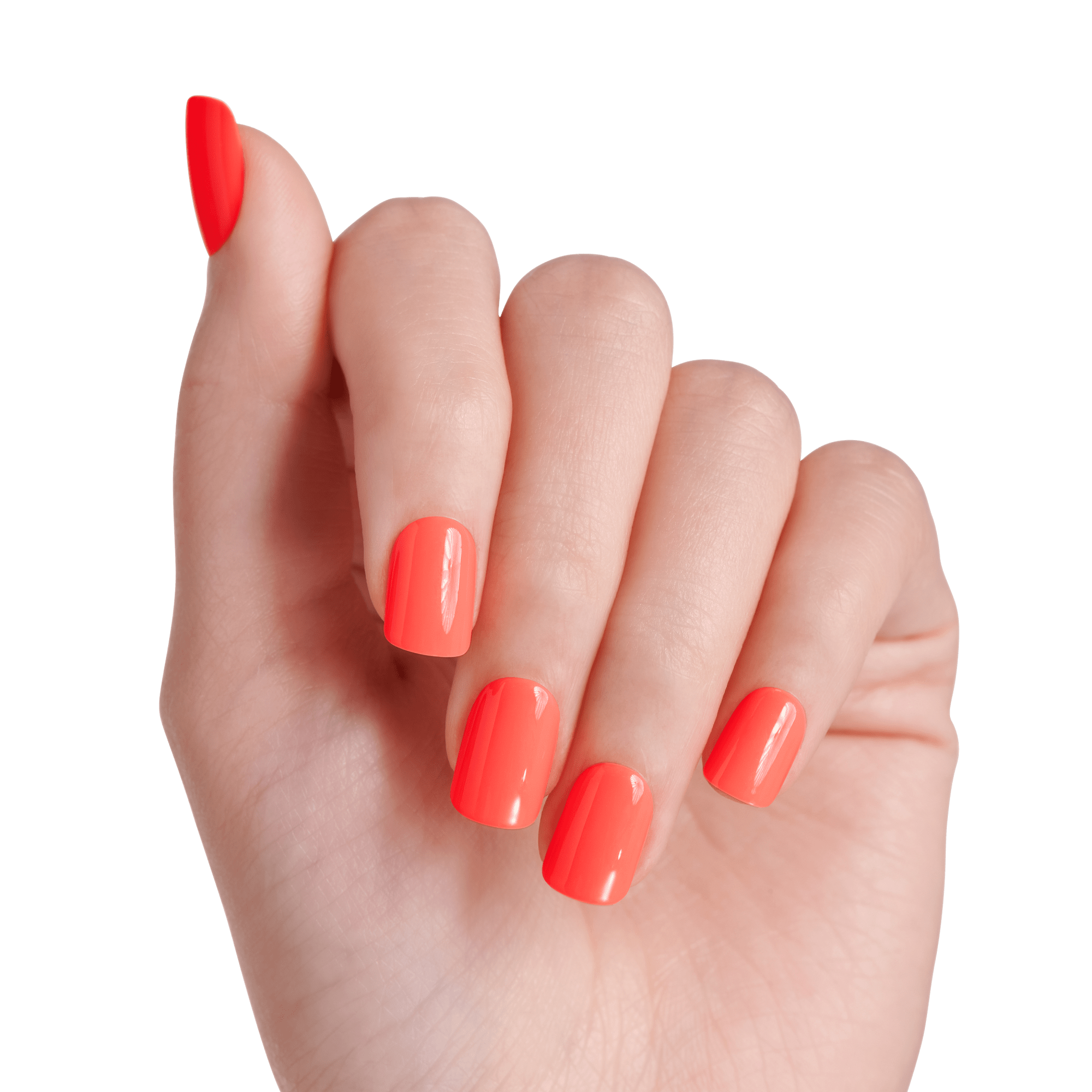 Hand displaying bright red nail polish on short, rounded nails against white background.