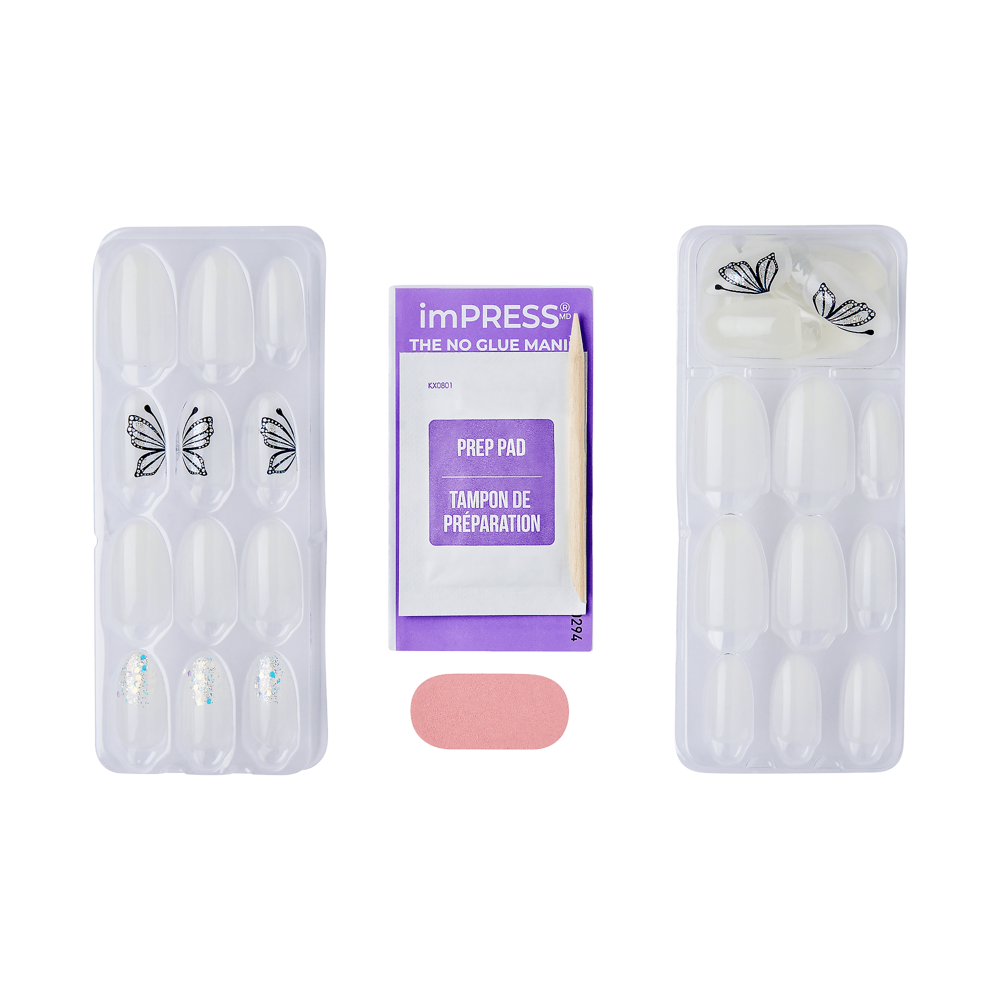 The image features a nail kit that includes a set of press-on nails. The kit is divided into two sections: one side contains clear nails with decorative designs, including butterfly motifs and some with embellishments. The other side holds additional clear nails. In the center, there is a prep pad for nail preparation, and a small pink item, likely a nail file or buffer. The packaging is branded with "imPRESS" and emphasizes that no glue is needed for application.