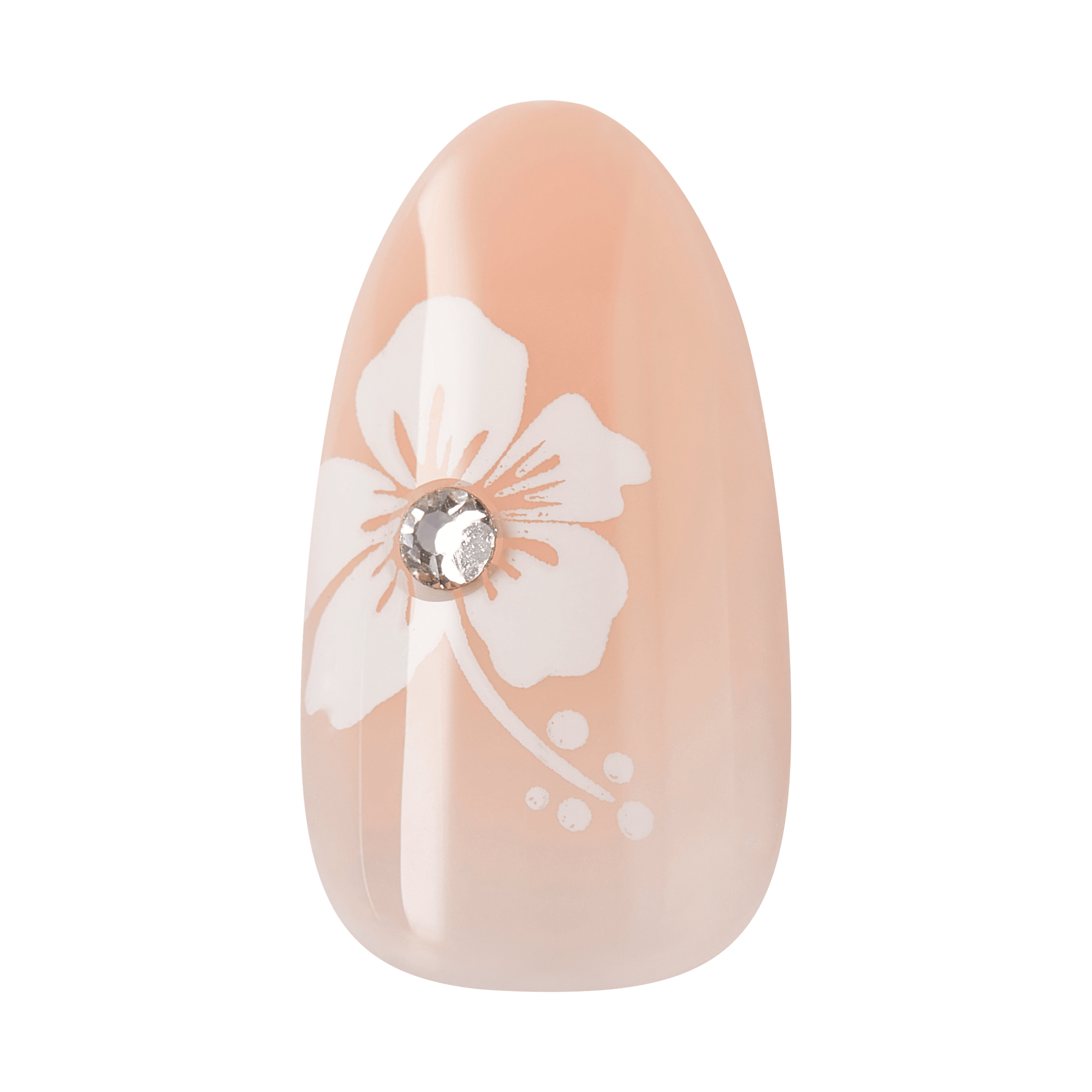 Almond nail with white flower design and crystal rhinestone accent on nude base.