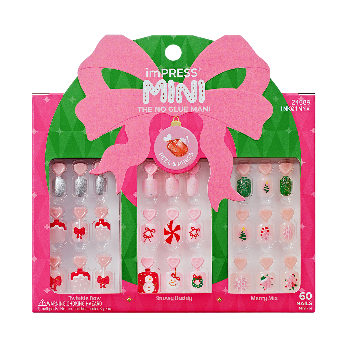 Impress Kids Holiday No Glue Fake Press On Nails - Jingle Joy Gift Set | Design, Pink & Red, Kids, Squoval, 3 Manicure Sets Included