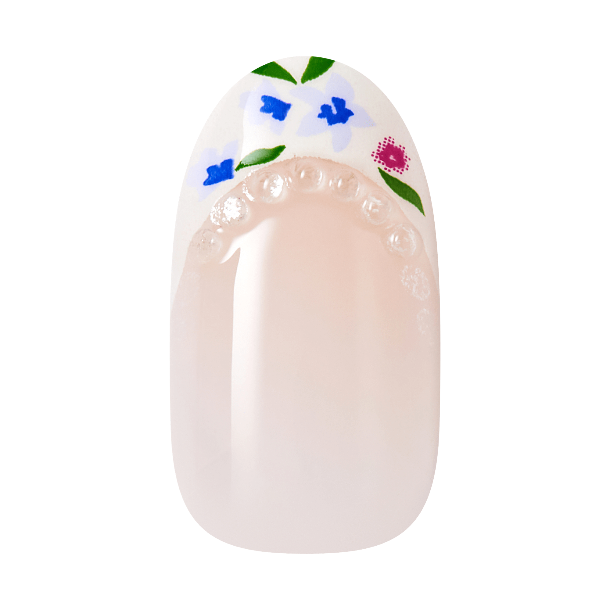 Nude gel nail with floral design featuring blue flowers, green leaves, and pink accents.