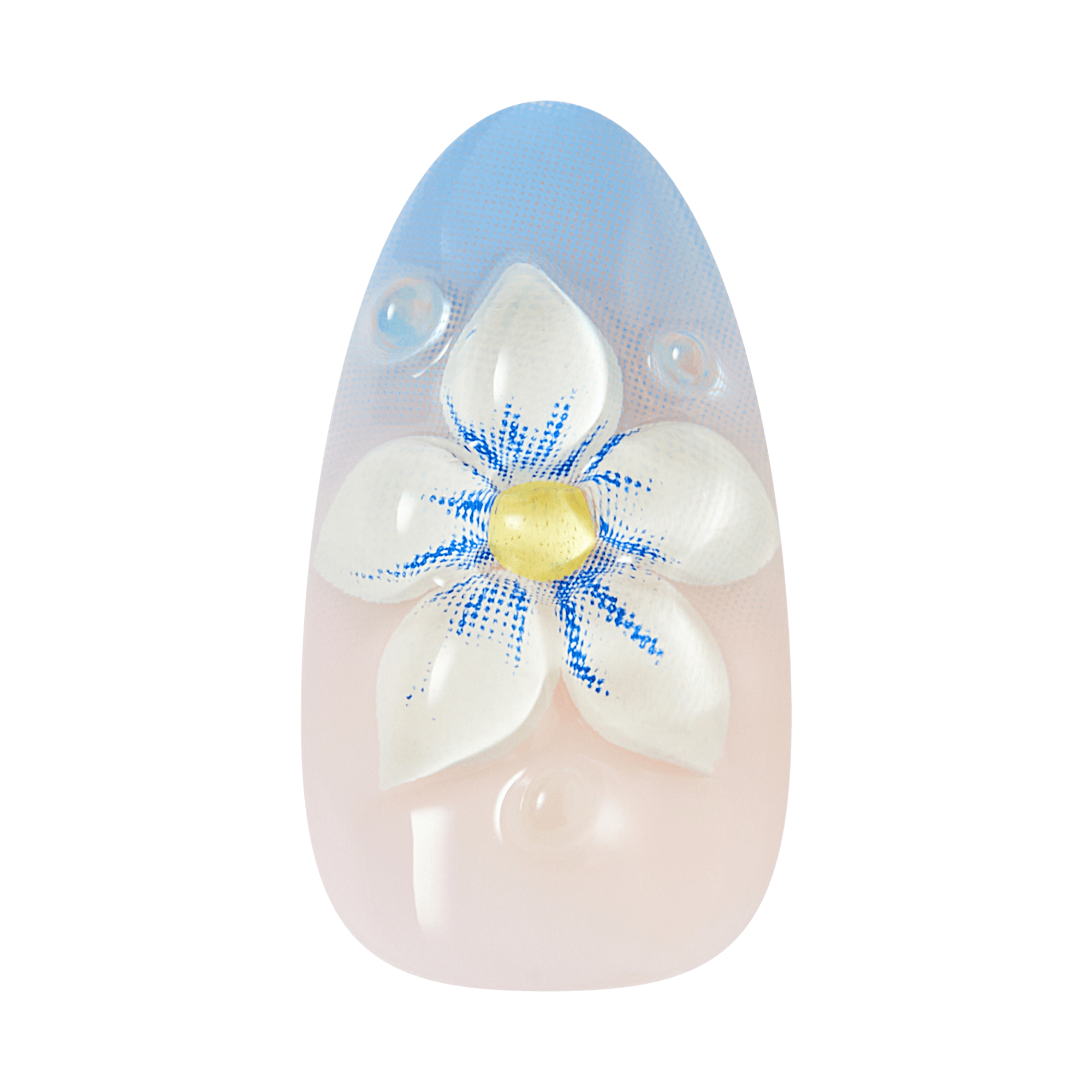 Nail art design with a white flower and blue accents on a clear background