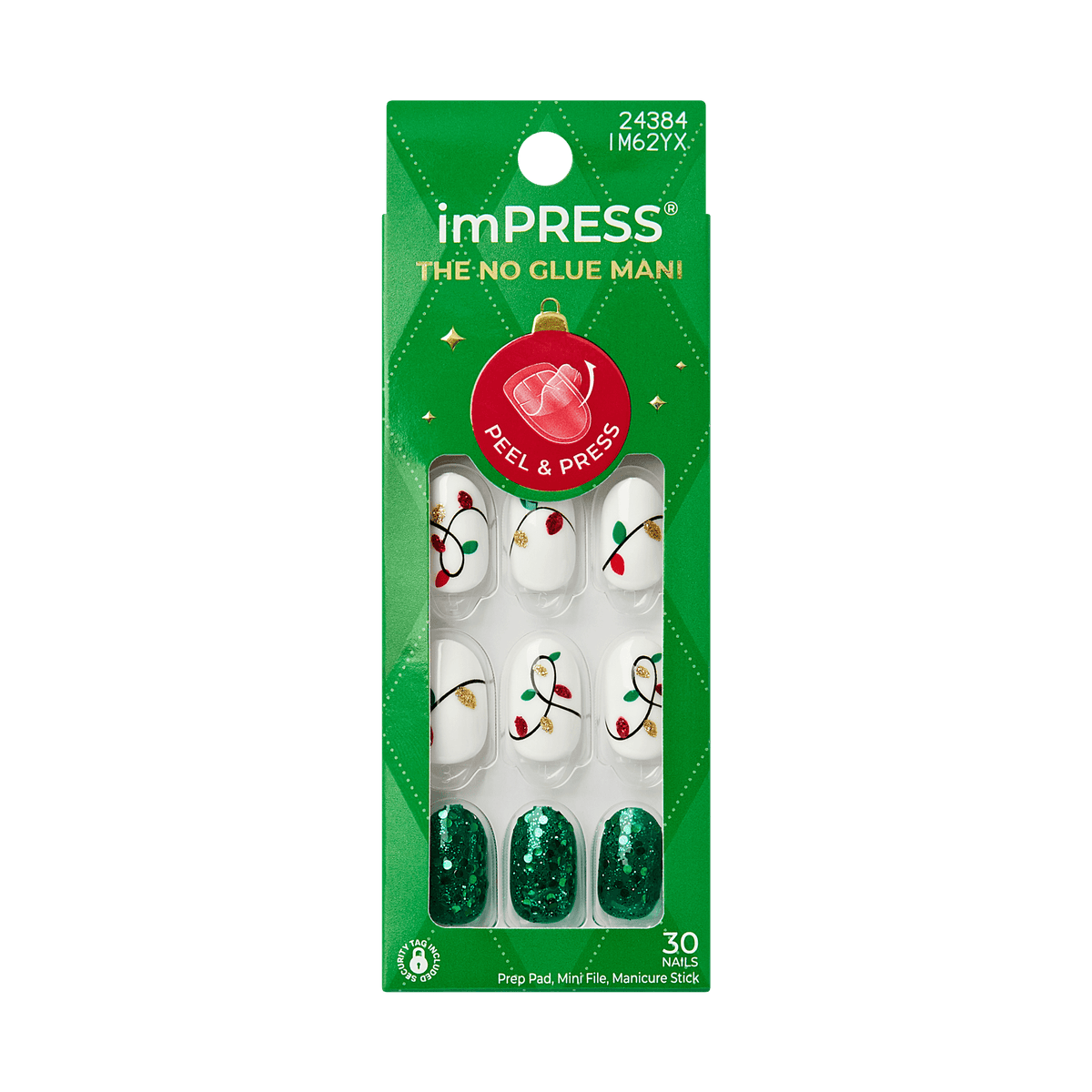 Impress Design Holiday No Glue Fake Press On Nails - Golden Carol | Design, Green & White, Short, Oval, Manicure