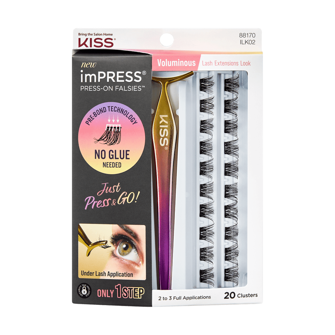 This packaging contains a set of imPRESS Beauty Falsies press on lashes kit for easy application with no glue needed.