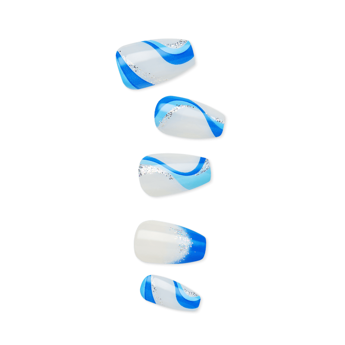 Five blue and white nail polish swatches with glitter accents, arranged vertically.