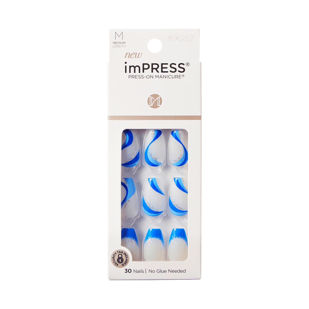 imPRESS Press-On Manicure blue and white nails, medium length, 30 pack
