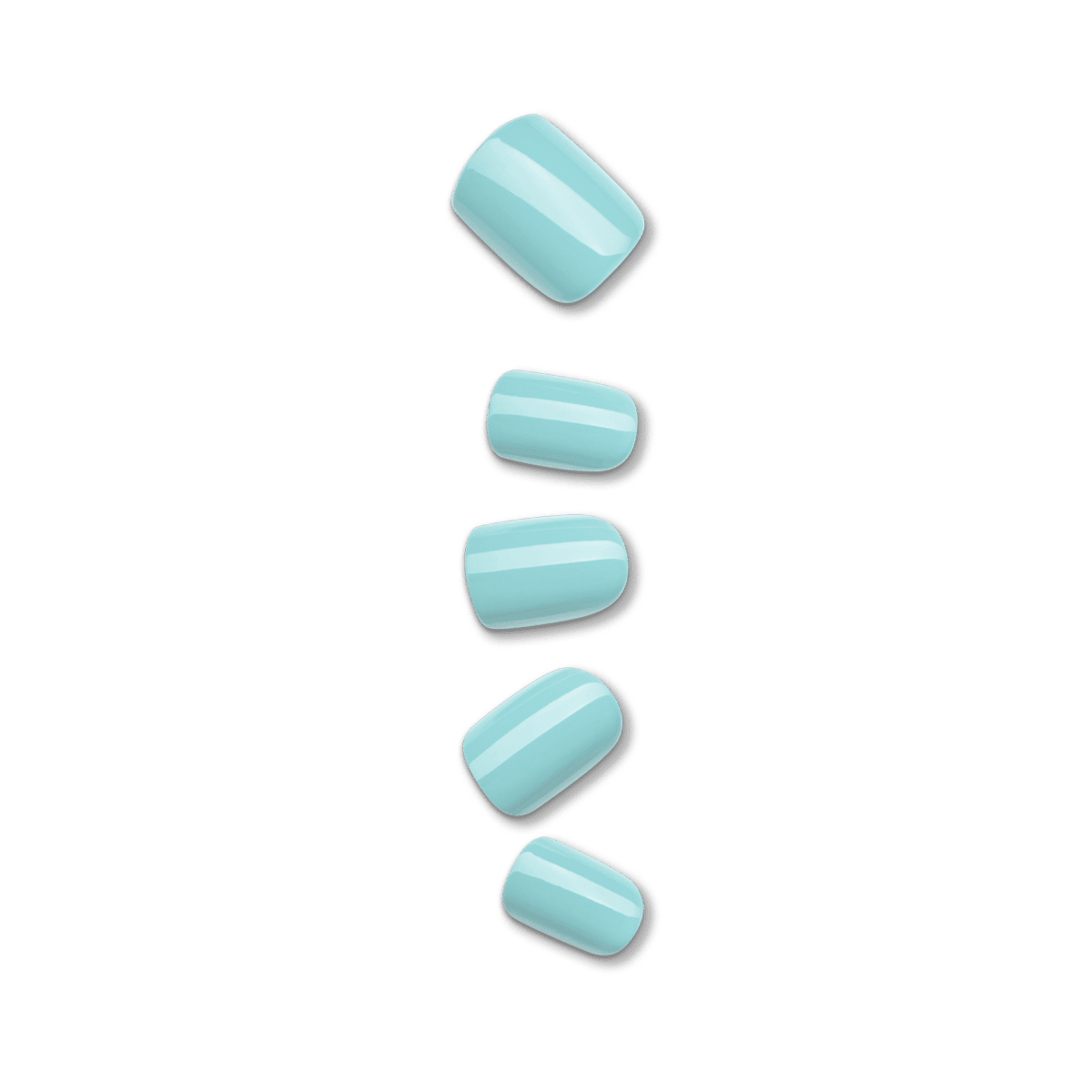 5 artificial nails in medium squoval shapes in a shiny, light turquoise color