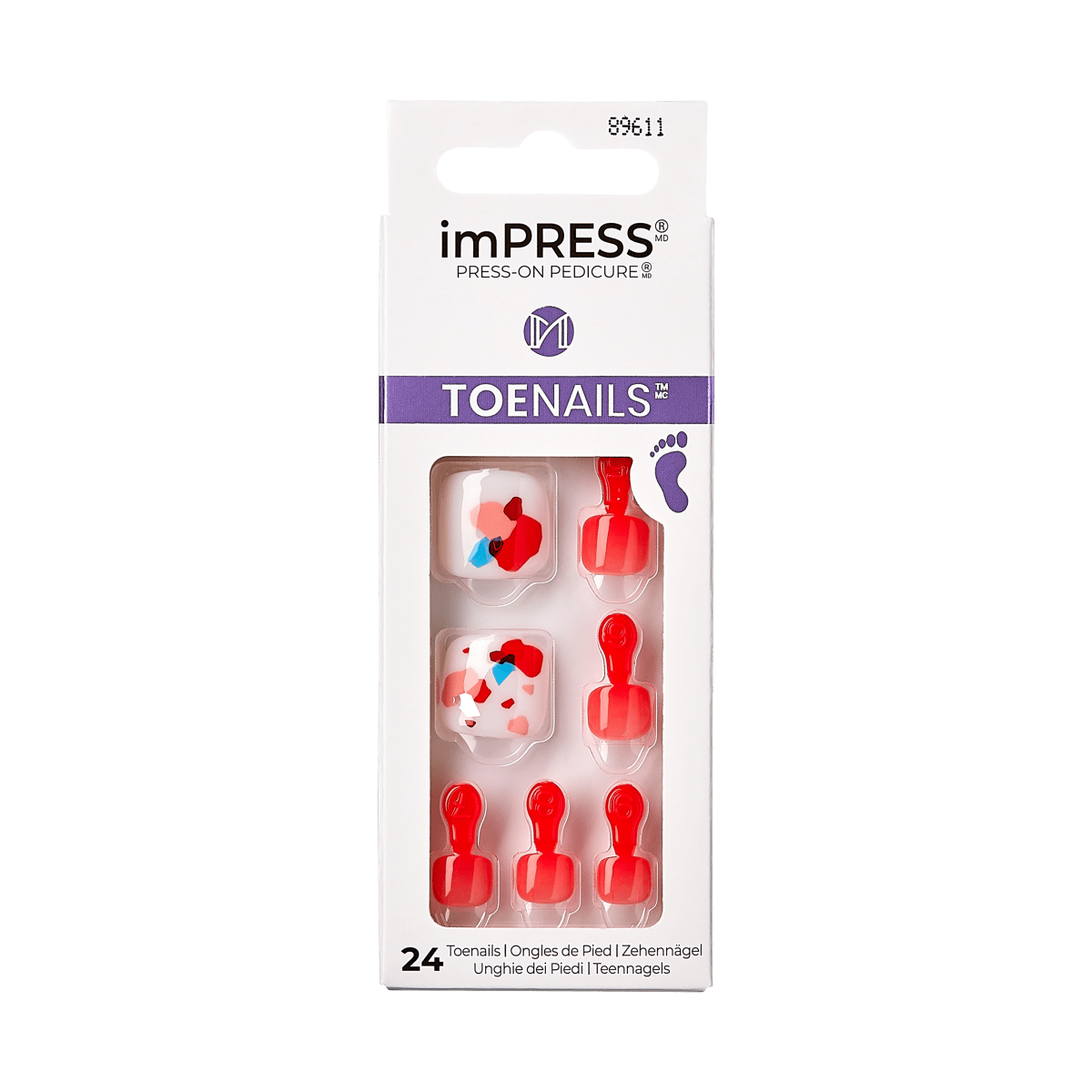 imPRESS TOENAILS press-on pedicure kit with 24 red and patterned toe nails
