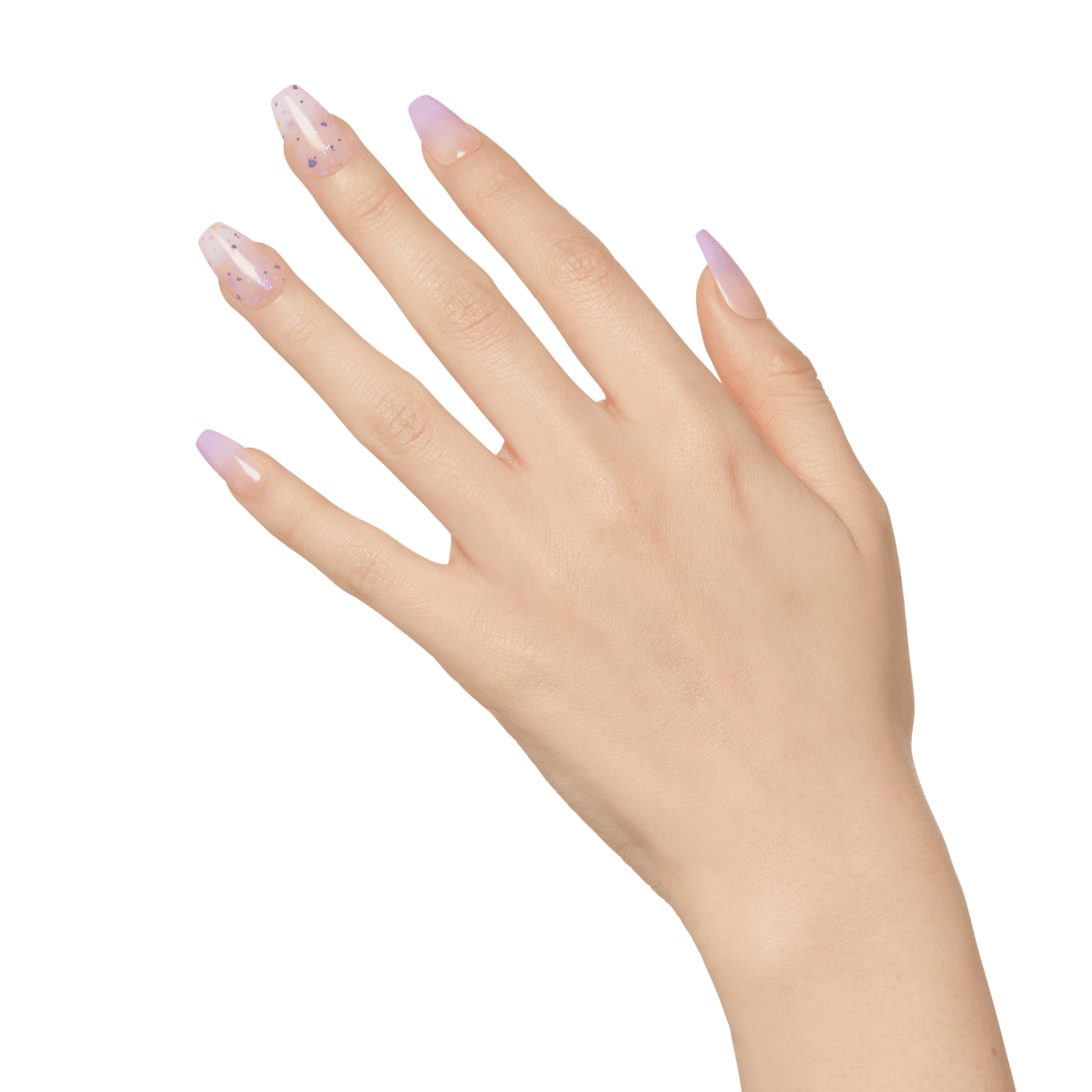 Hand displaying manicured nails with lavender gradient and glitter polish