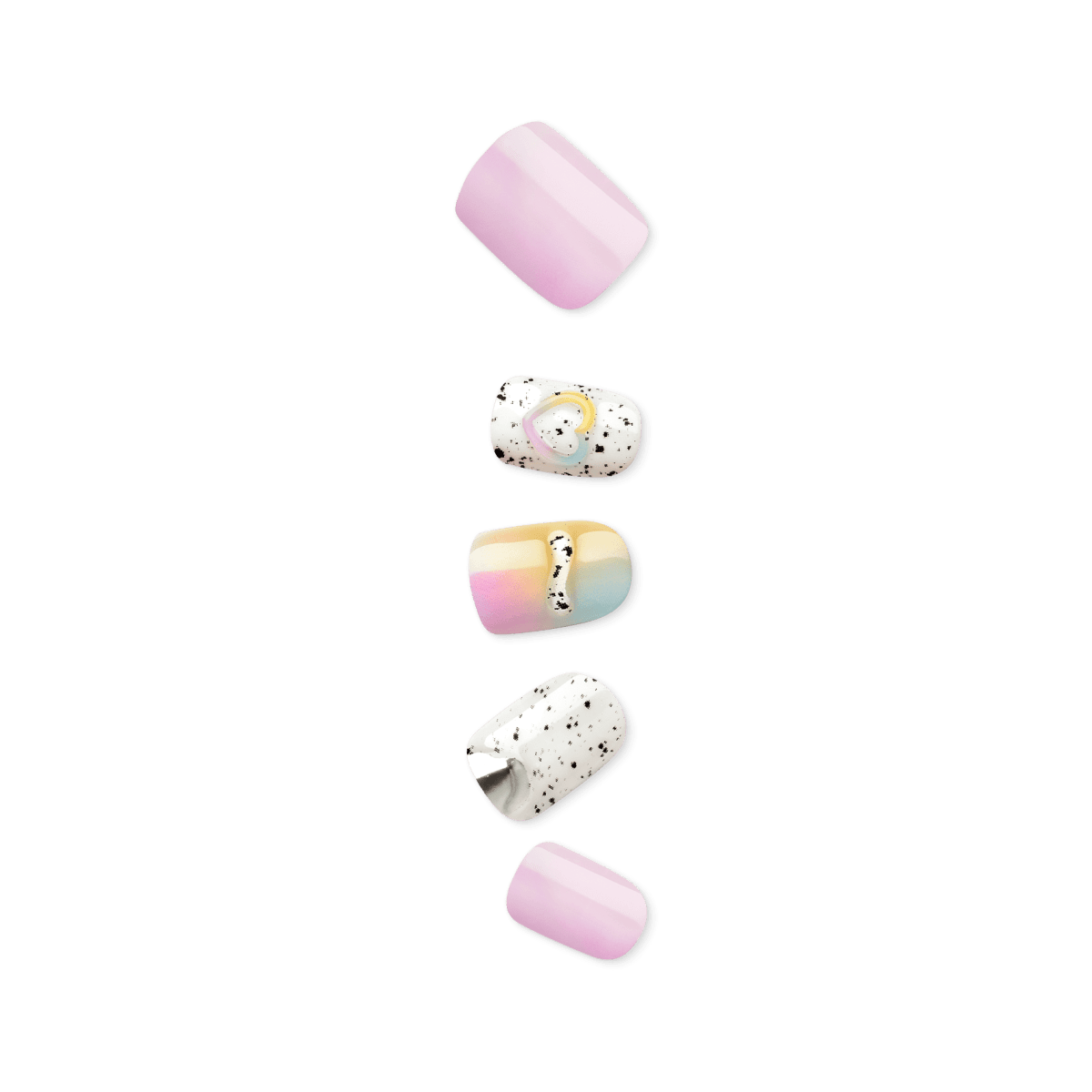 Five decorative nail polish bottles in pink, pastel gradient, and speckled white designs.