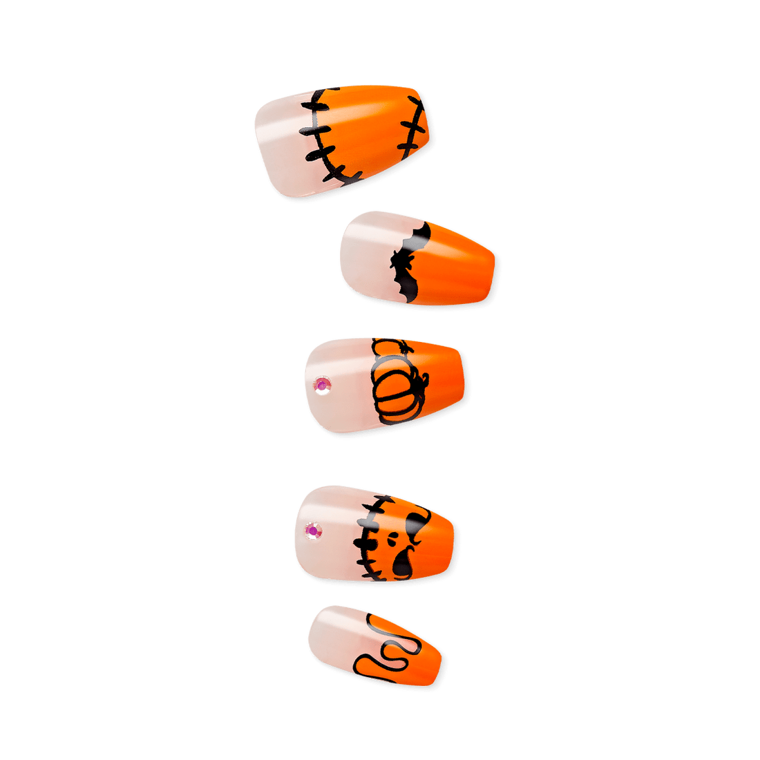 imPRESS nails in short coffin shapes, all in nude and orange coloring with varying halloween designs