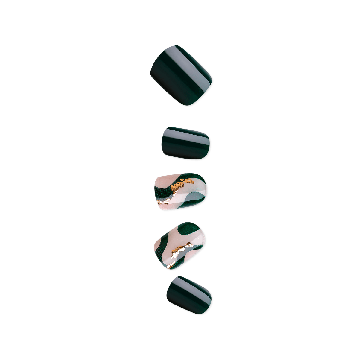 Five nail polish samples: dark green solid shades and two with green and rose gold marble designs.