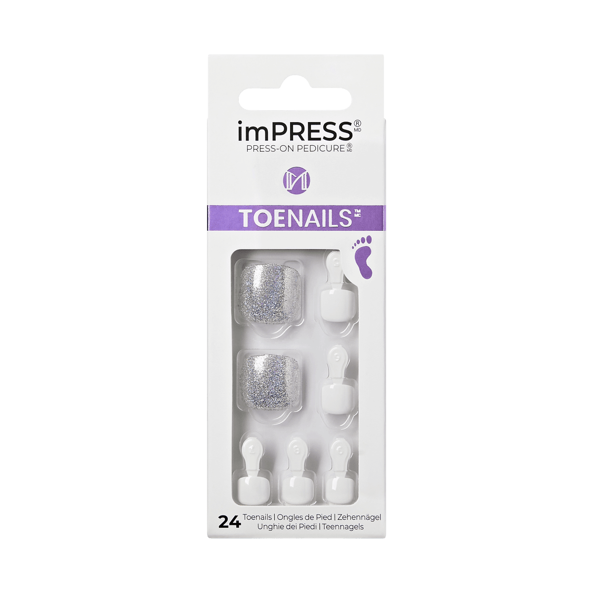 imPRESS Press-On Pedicure TOENAILS, 24-piece silver glitter nail set