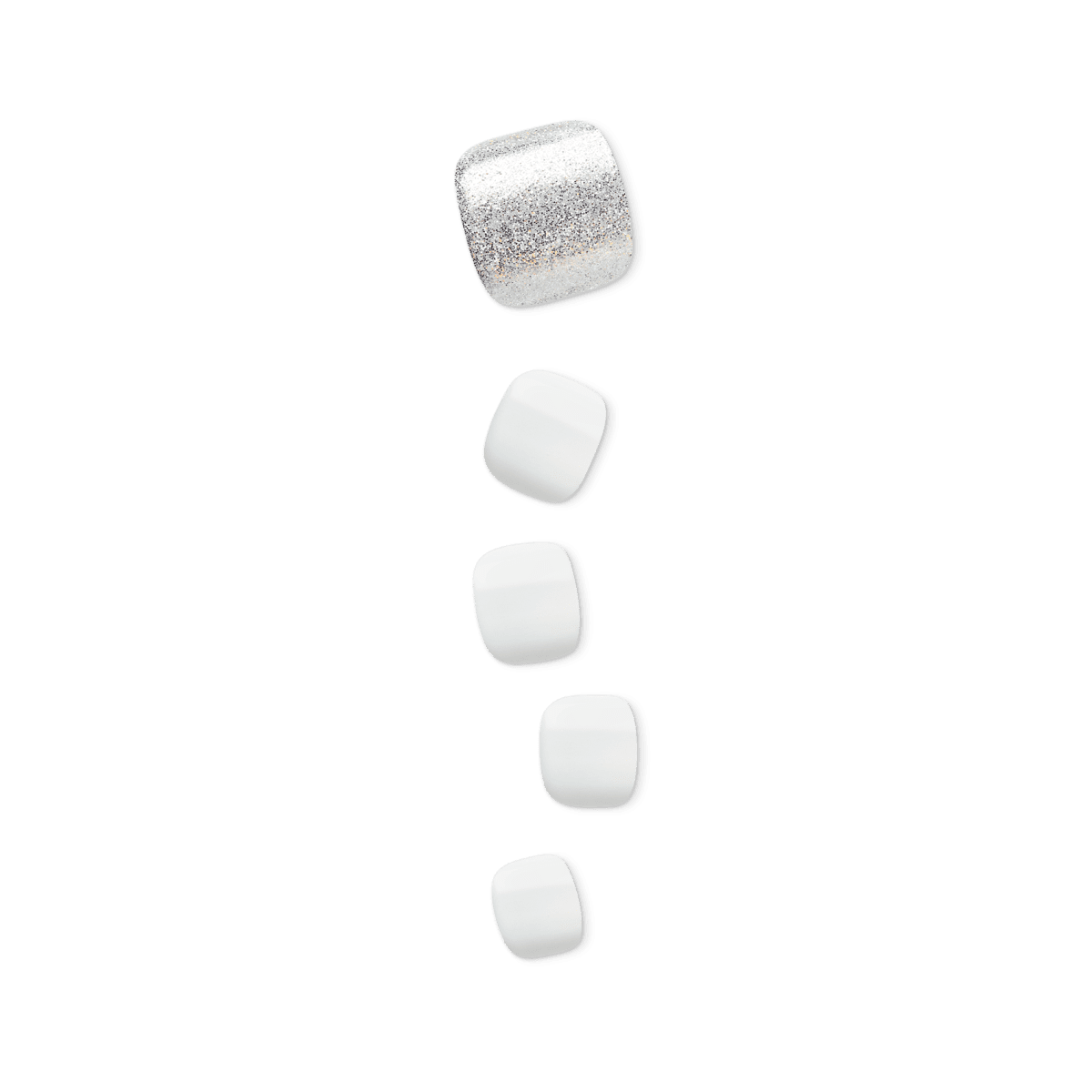 Five white rounded square objects arranged vertically, top one with silver glitter finish.