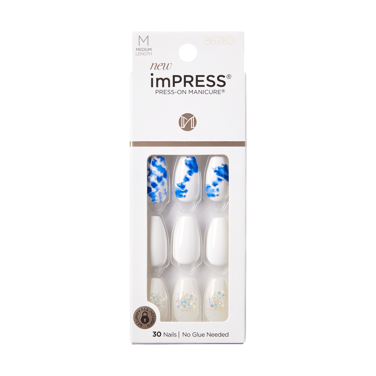 imPRESS Press-On Manicure Medium Length nails with blue tie-dye and glitter designs