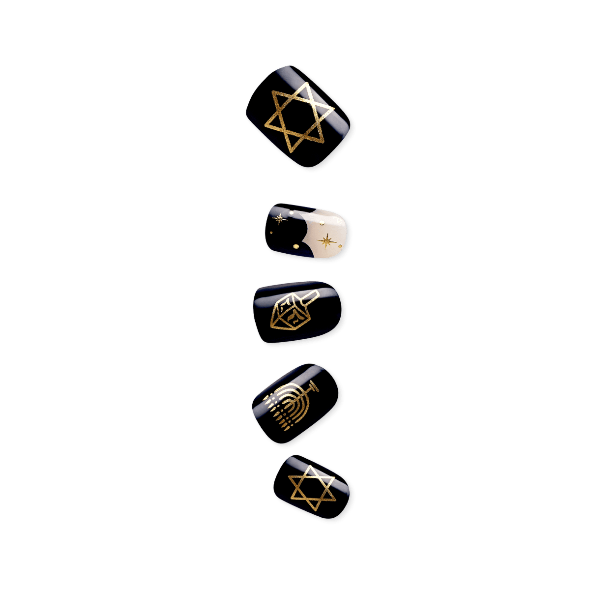 Five black nails with gold designs, including a Star of David, starry night, and menorah.