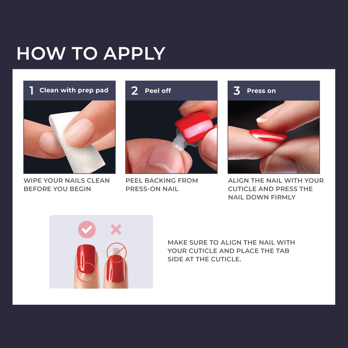 Press-on nail application instructions: clean, peel backing, and press onto nail aligned with cuticle.