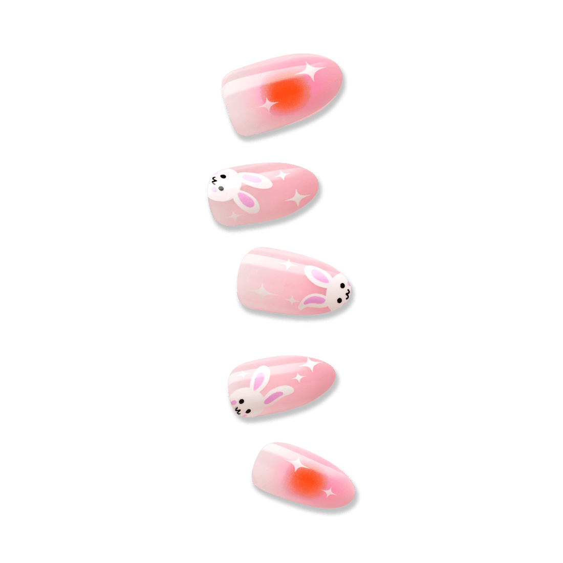 imPRESS nails in almond shapes painted in a medium pink. 3 nails each feature bunny illustrations and 2 have an orange circle