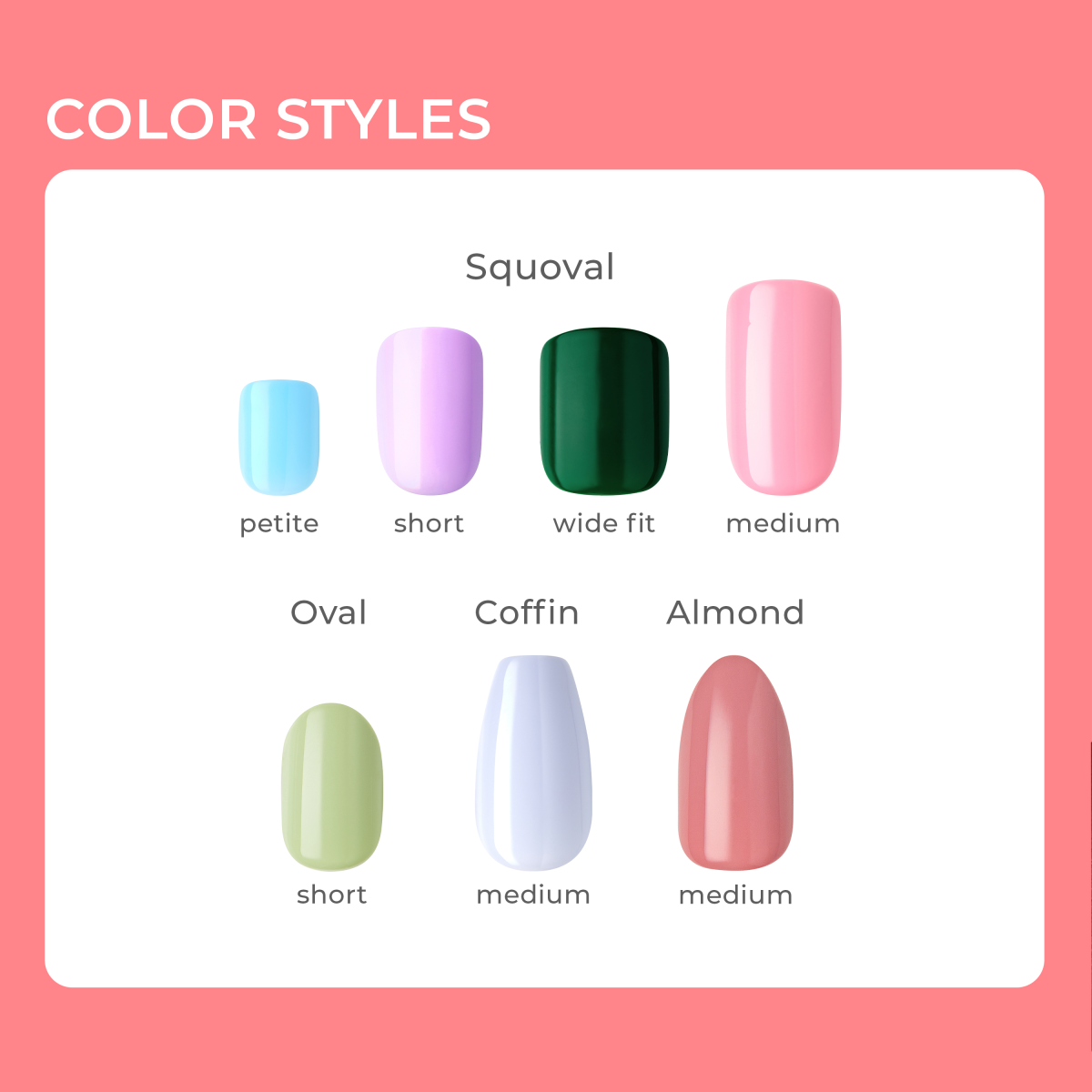 Nail shape styles guide: Squoval, Oval, Coffin, and Almond shapes in various sizes.