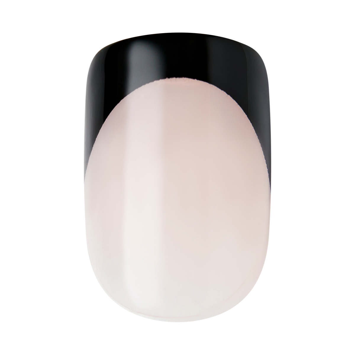 Oval-shaped press-on nail with nude base and black tip design