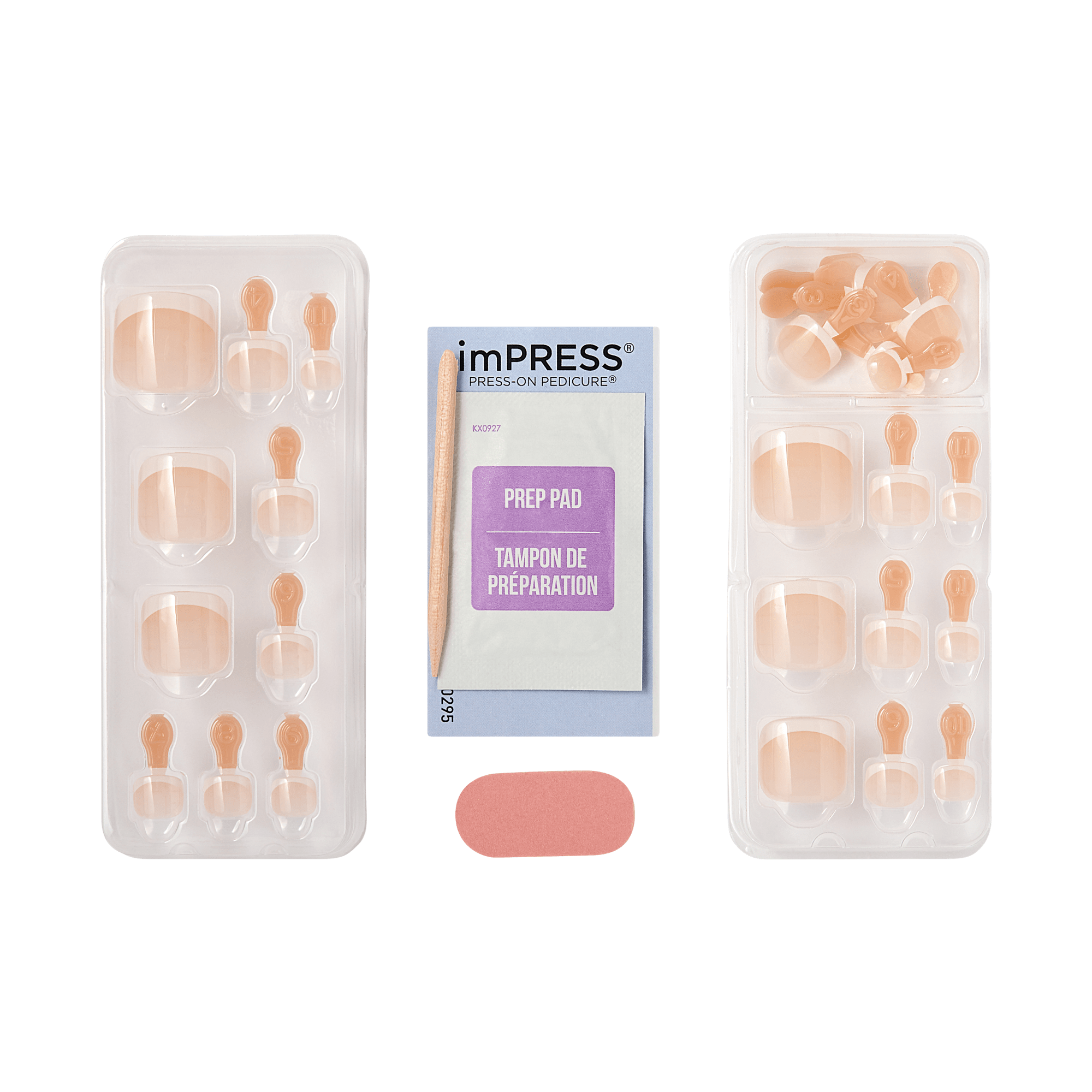 The image features a set of press-on nails from the brand imPRESS. It includes two trays of nails, each containing various sizes and shapes of artificial nails in a natural pink color. In the center, there is a prep pad for nail preparation, which is essential for ensuring the nails adhere properly. Additionally, a small pink adhesive tab is visible, likely used for securing the nails. The overall presentation is neat and organized, showcasing the product&