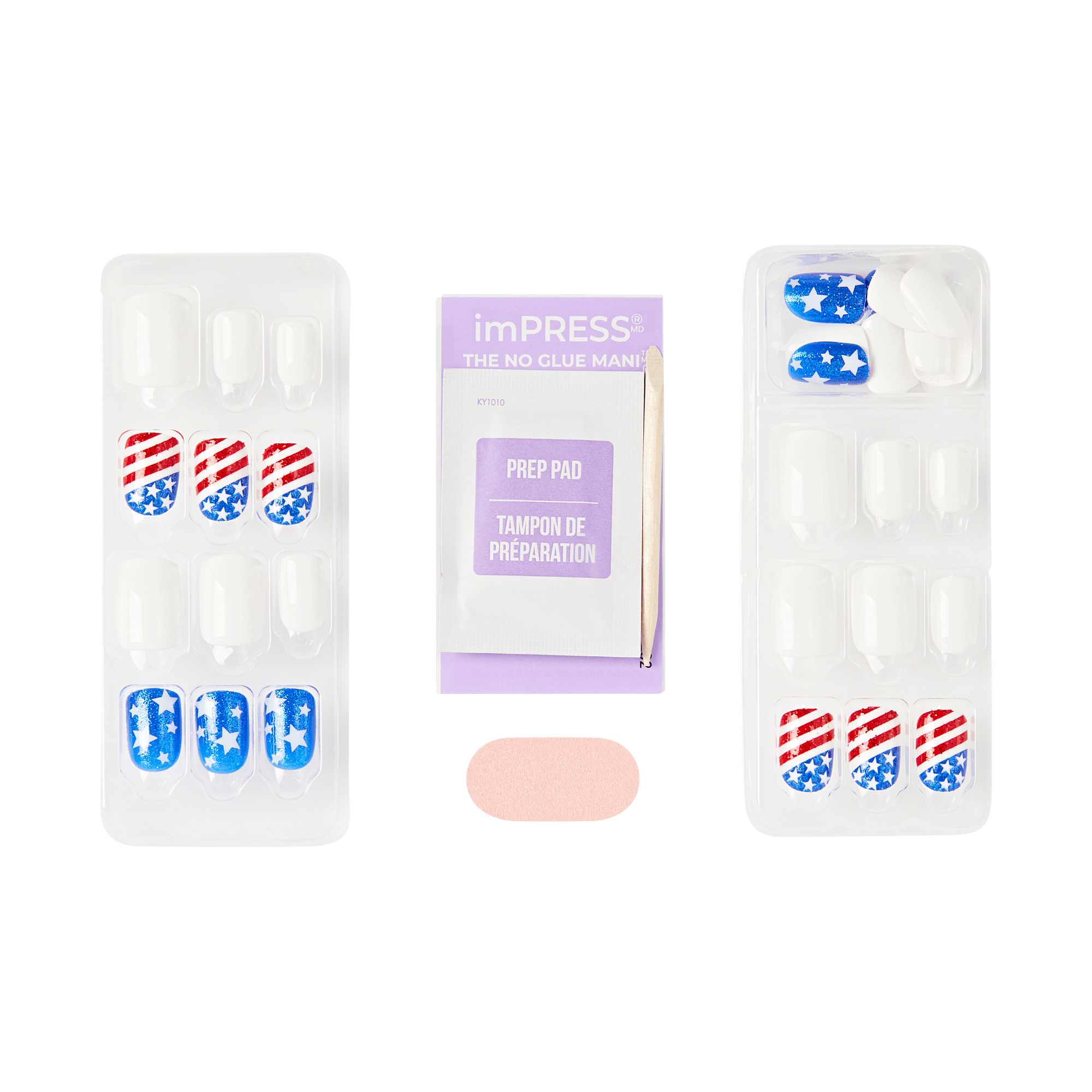 impress nail kit with american flag inspired nails in tray, including nail prep pad and file.