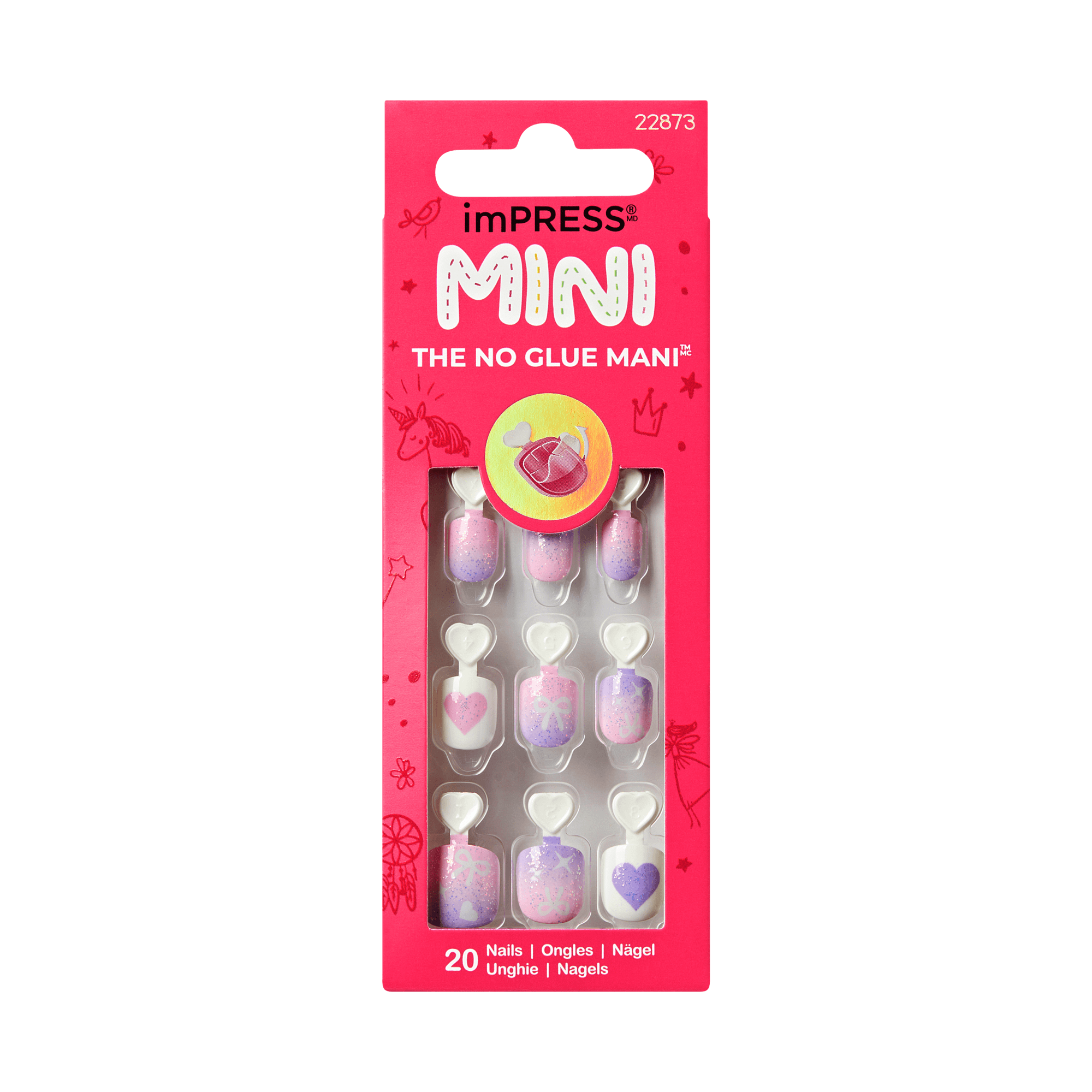 imPRESS MINI nail set with 20 pre-glued nails in pink and purple designs