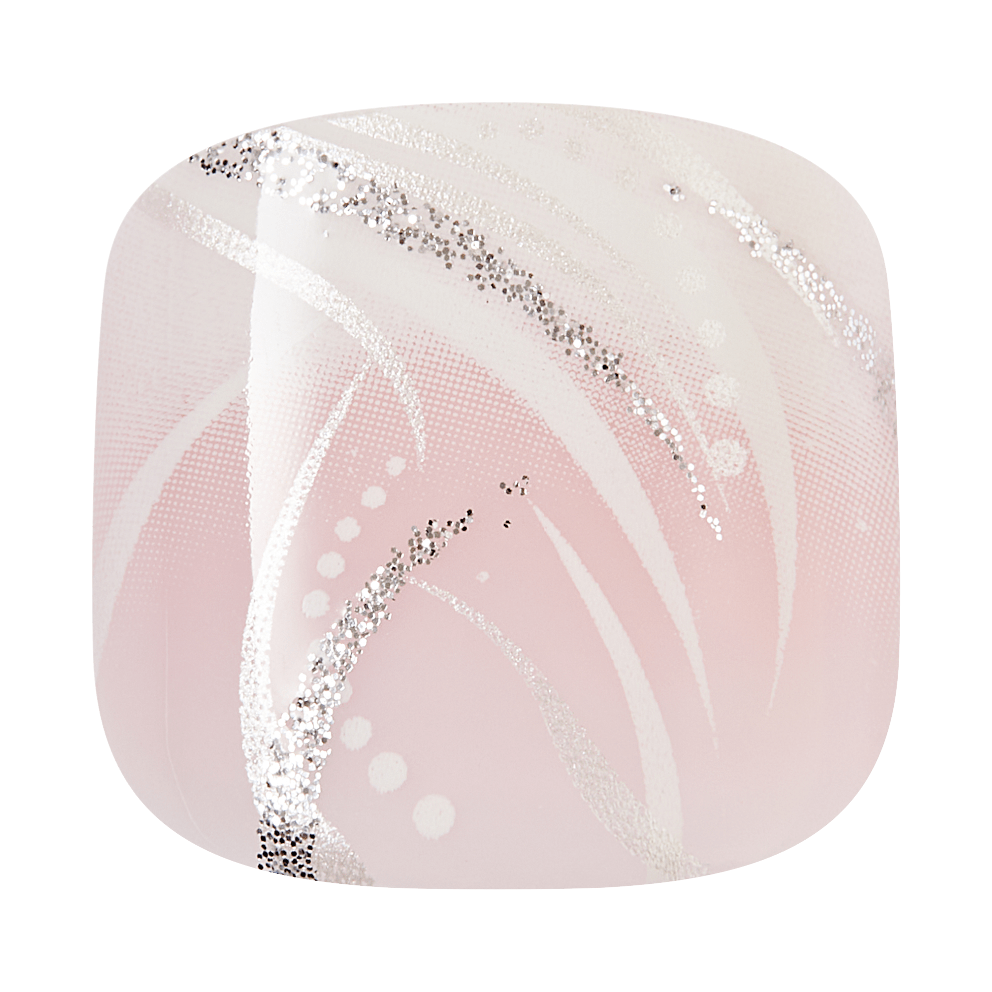 Pink square toenail with white abstract design and glitter specks