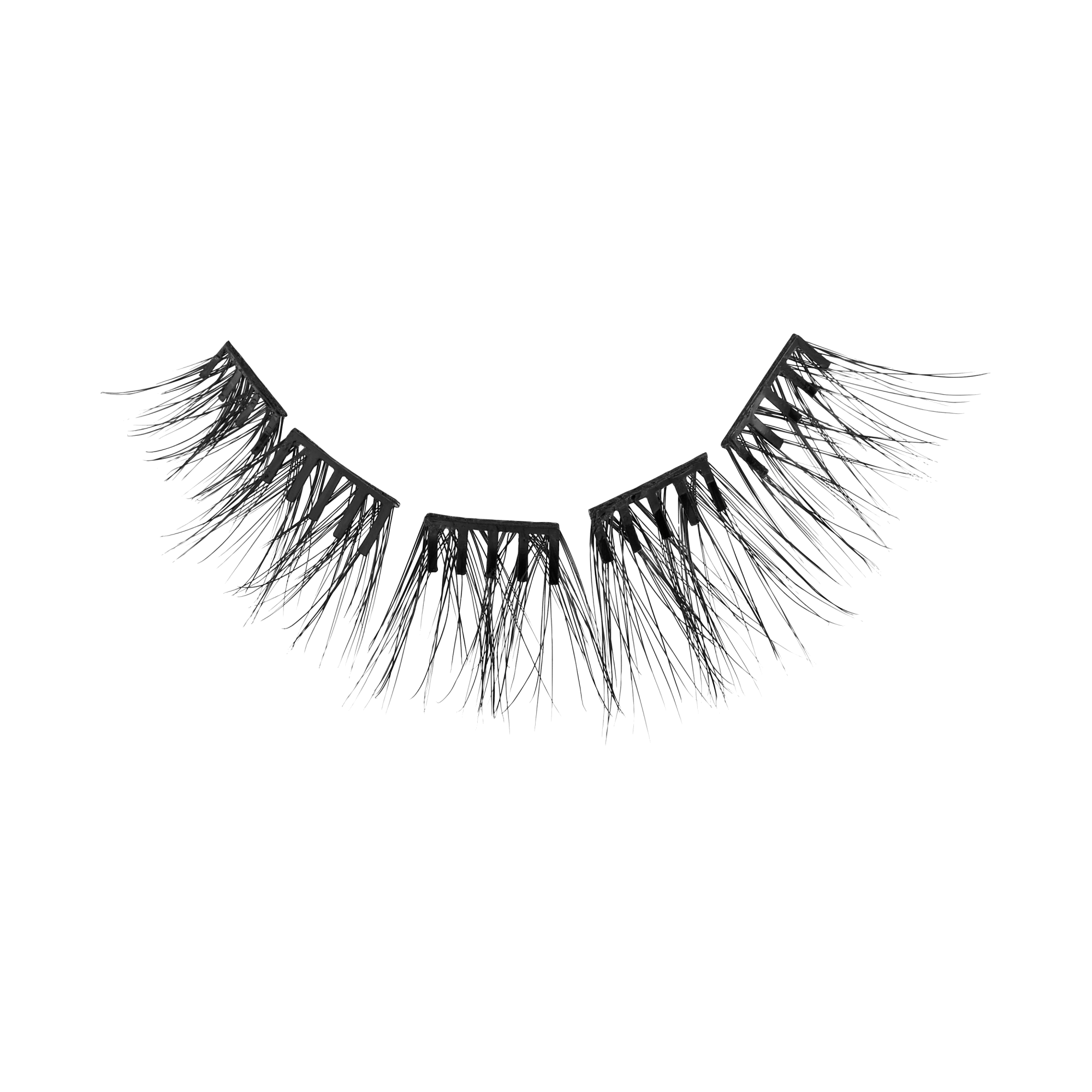 Pair of black false eyelashes with dramatic, layered lashes on white background.