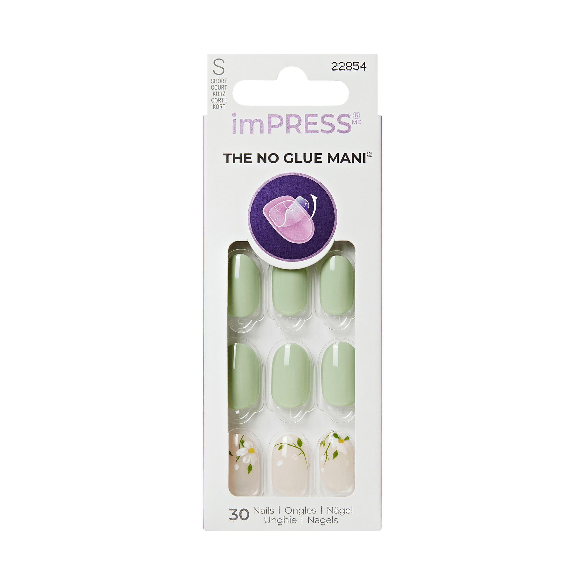 imPRESS The No Glue Mani press-on nails in green and white with floral design, size S