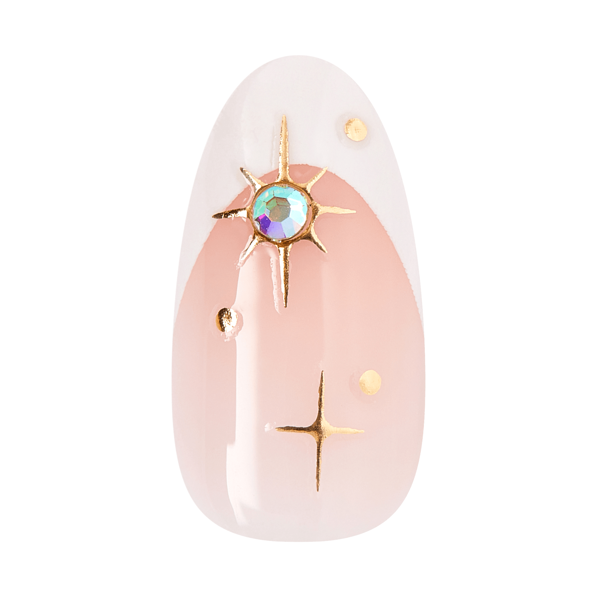 Celestial nail art with golden star and moon charms on soft pink almond nails.