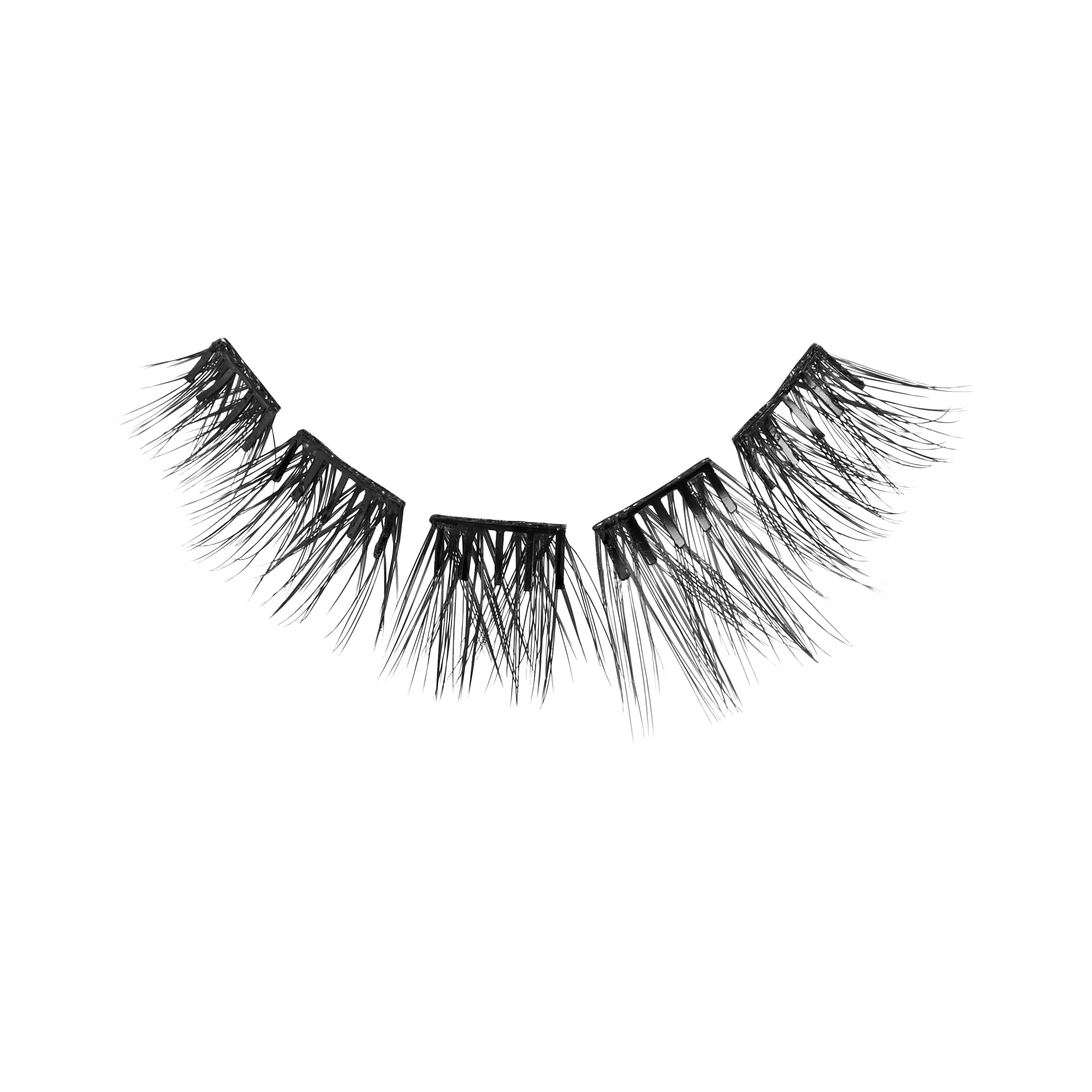 Pair of black false eyelashes with full, voluminous lashes on white background.