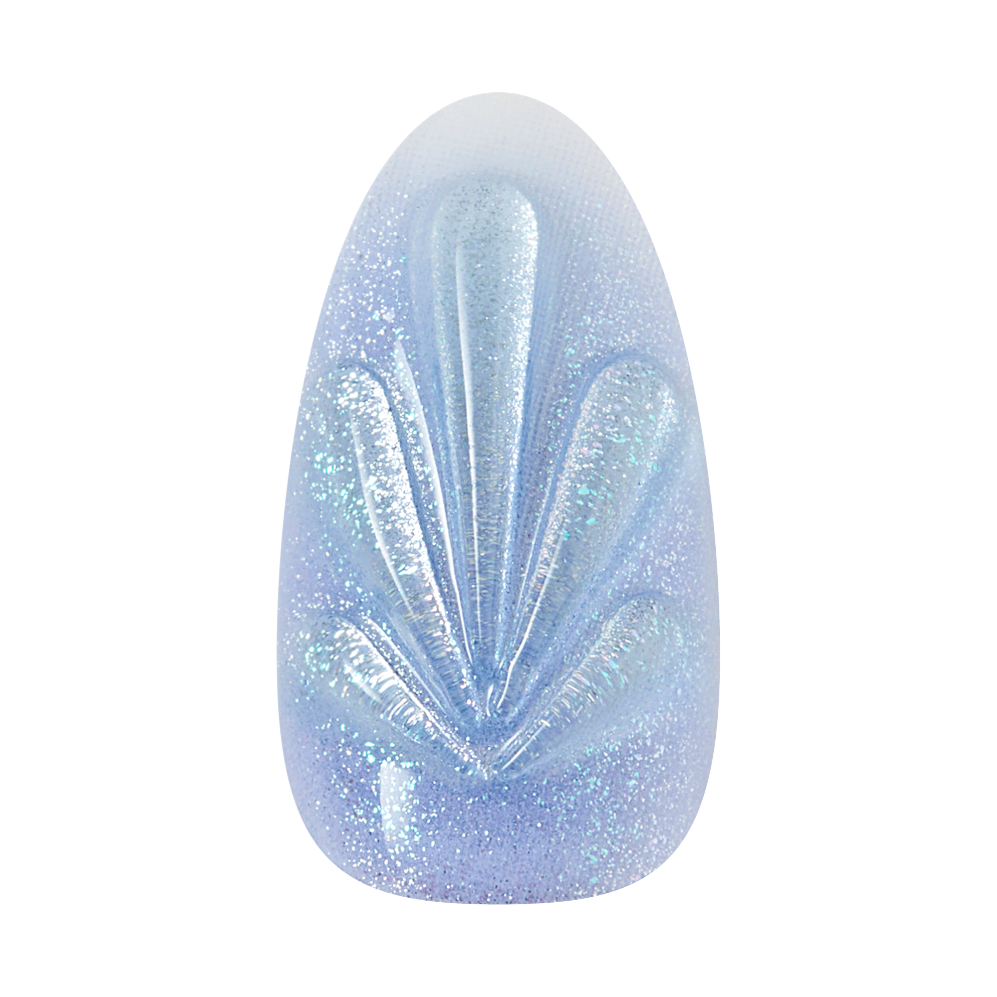 Translucent blue stone with a leaf-like pattern on a green background