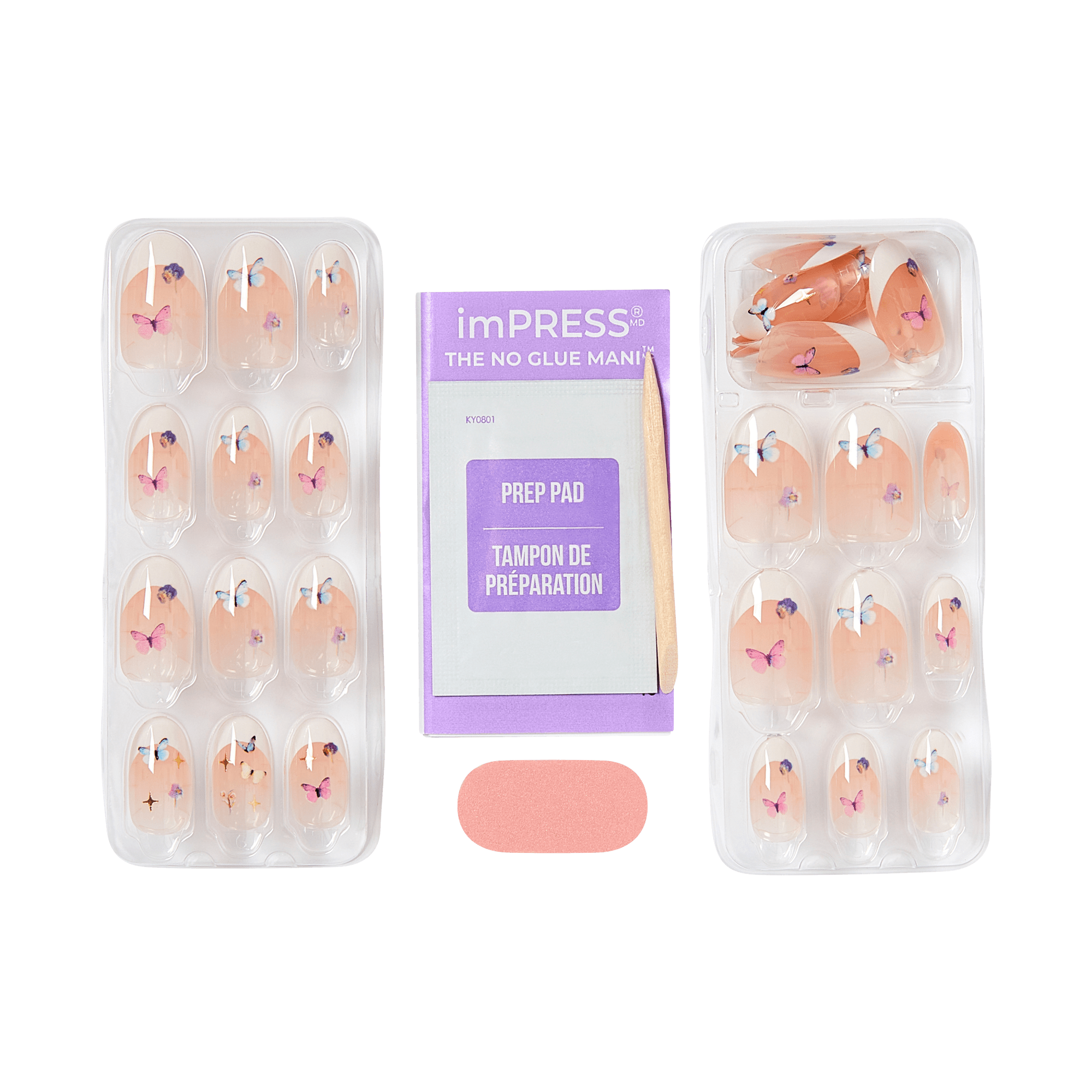 imPRESS No Glue Mani press-on nails with butterfly and floral designs, prep pad included.
