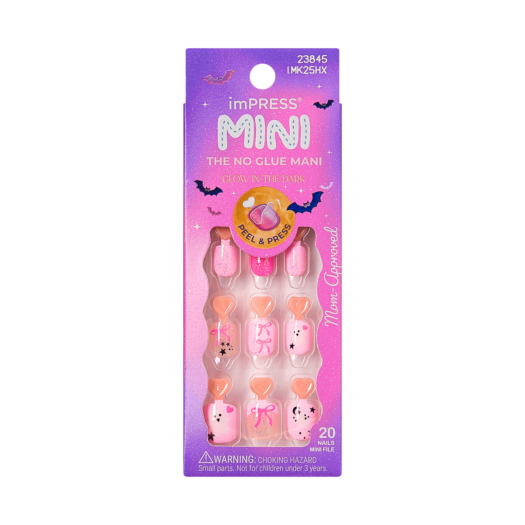 Impress Kids Halloween No Glue Fake Press On Nails - Sweet Spooks | Design, Pink, Kids, Squoval, Glow In The Dark, Manicure