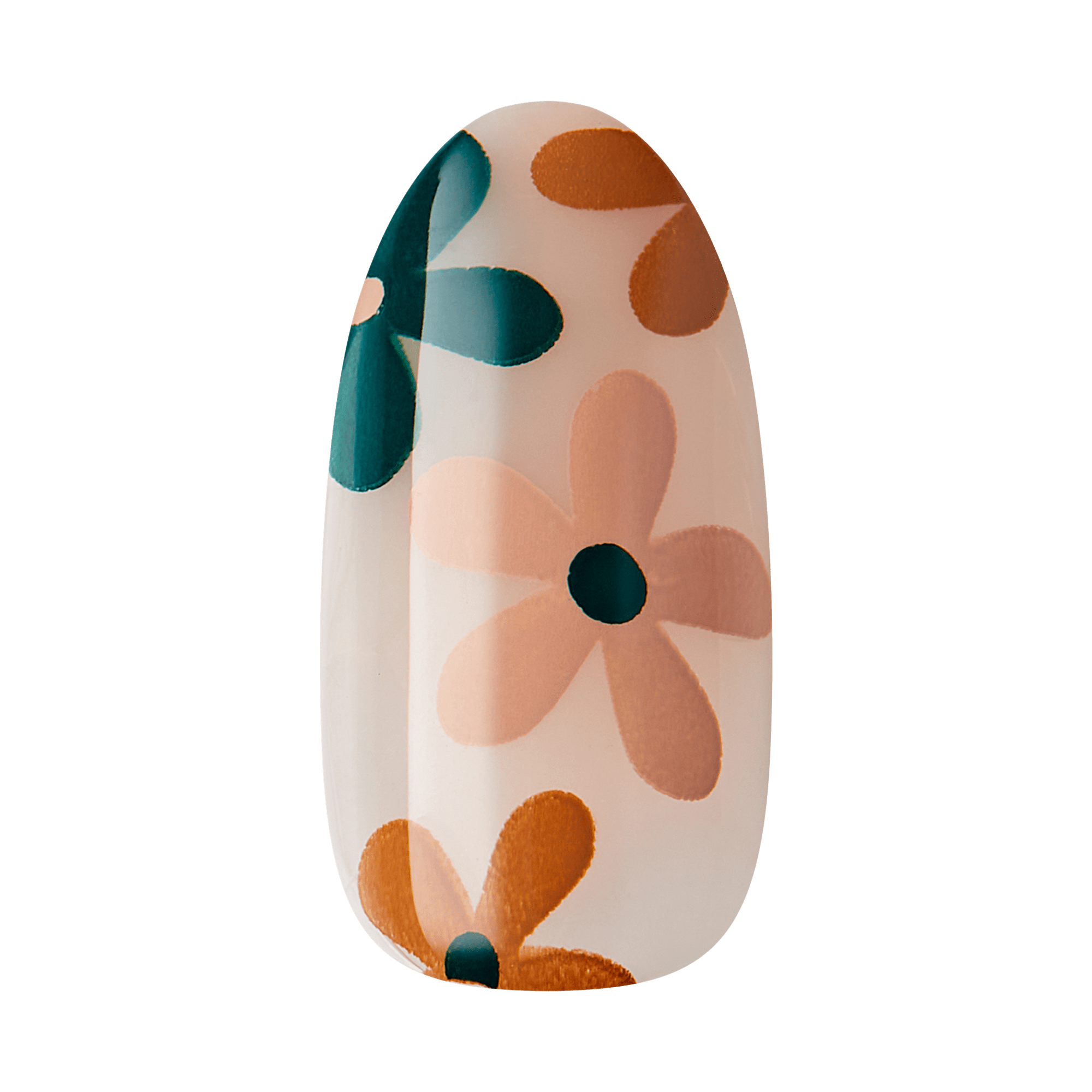 The image shows a single artificial nail with a decorative design. The nail features a light, translucent base color. Over this base, there are several flower patterns in different colors. The flowers are primarily in shades of orange and teal, with each flower having a solid-colored center. The design is simple yet vibrant, giving the nail a playful and stylish appearance.