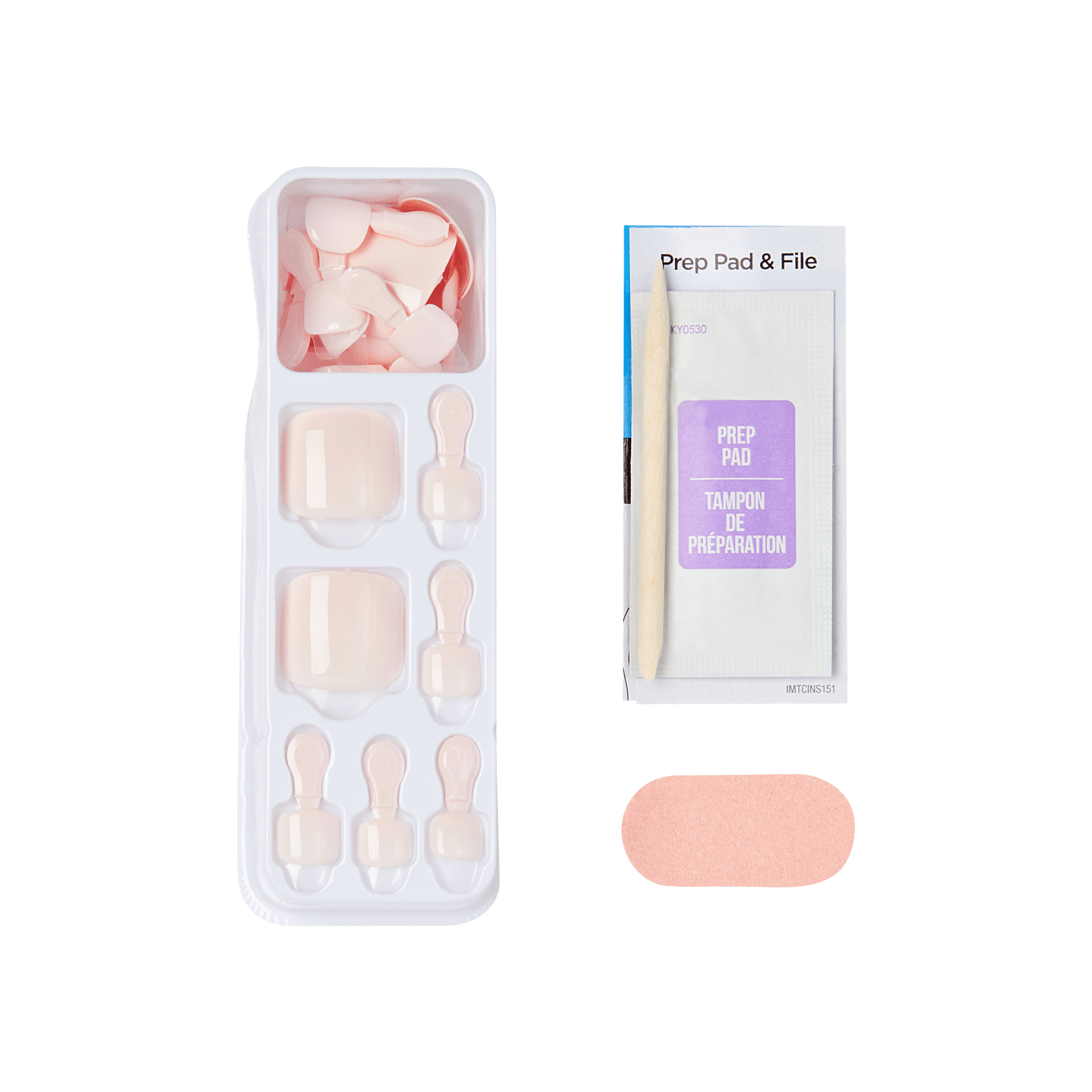 impress nail package contents including a tray with pink nails, a prep pad and file