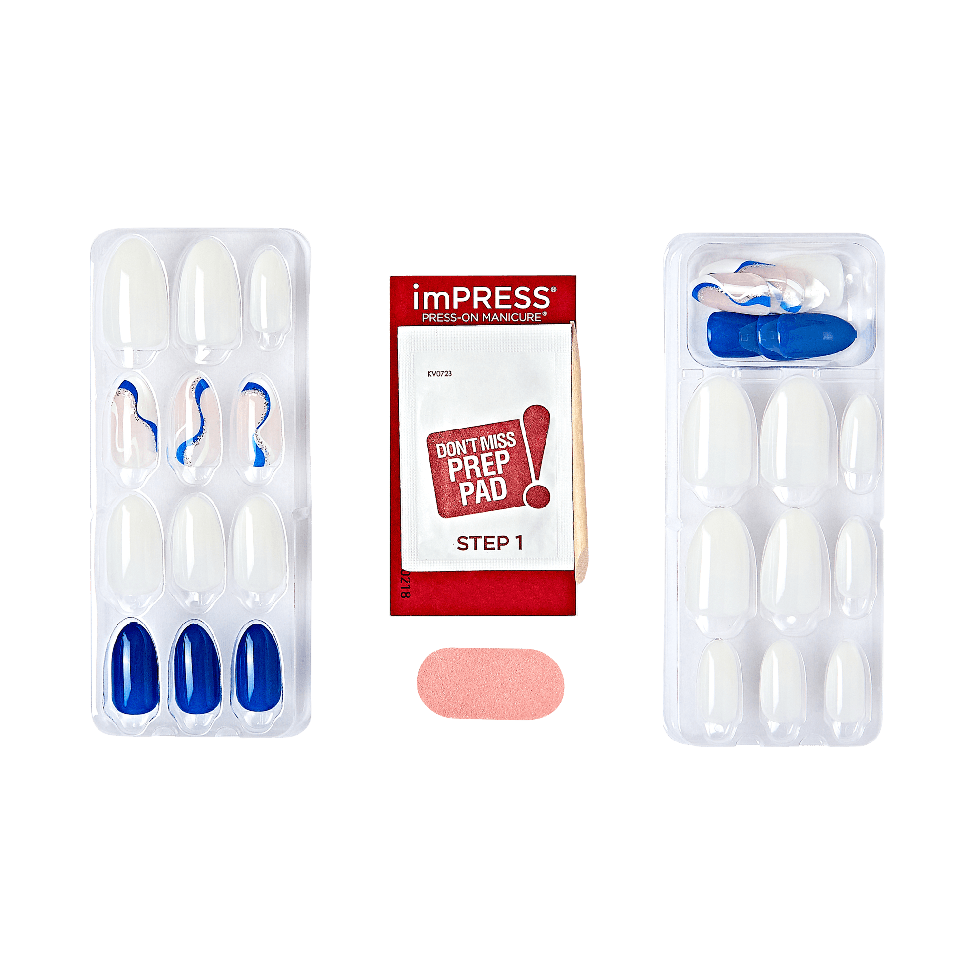 The image shows a set of press-on manicure nails from the brand "imPRESS." The set includes two trays of artificial nails, a prep pad, and a small pink nail file. The nails come in various sizes and designs, including plain white, white with blue and pink swirls, and solid blue. The prep pad is labeled "STEP 1" and has instructions to not miss this step. The nail file is rectangular and pink in color.