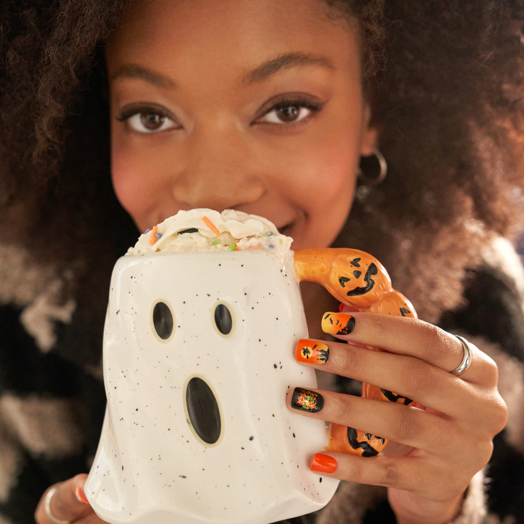 Impress Design Halloween No Glue Fake Press On Nails - Eternal Night | Design, Orange & Black, Short, Squoval, Glow In The Dark, Manicure