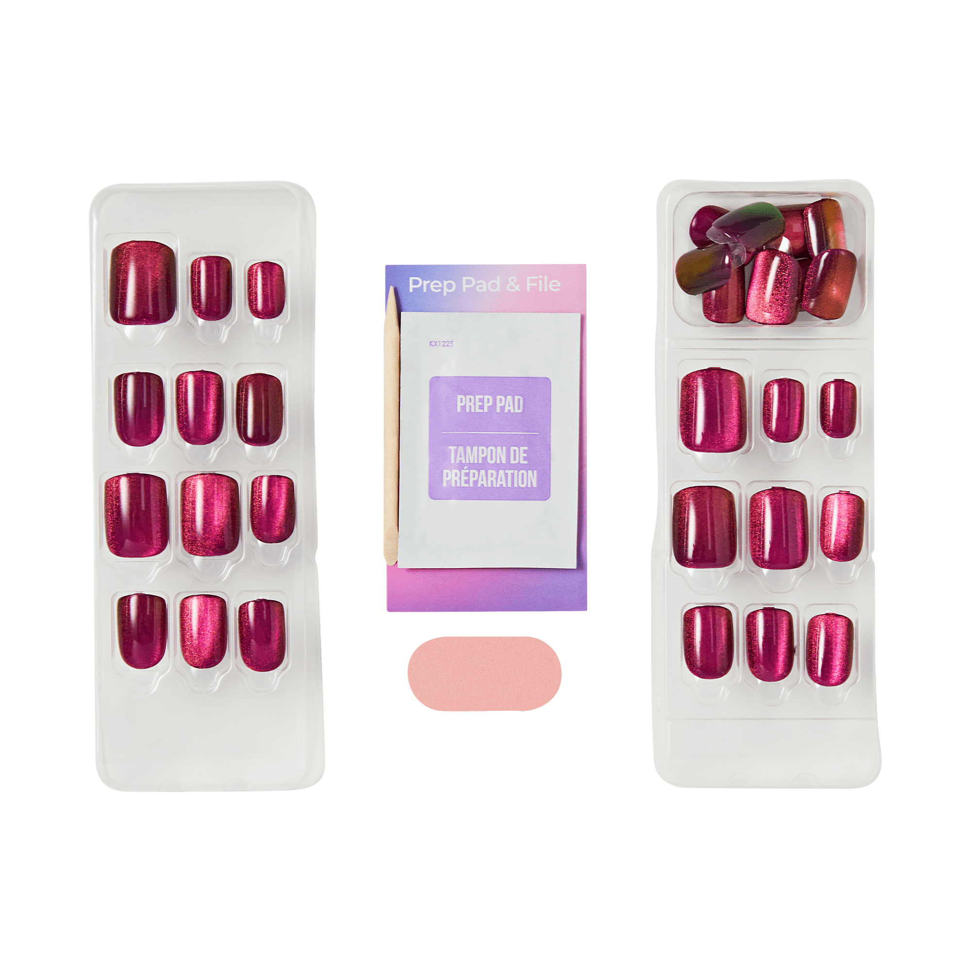 Packaging of pink nails in tray with nail prep pad and file