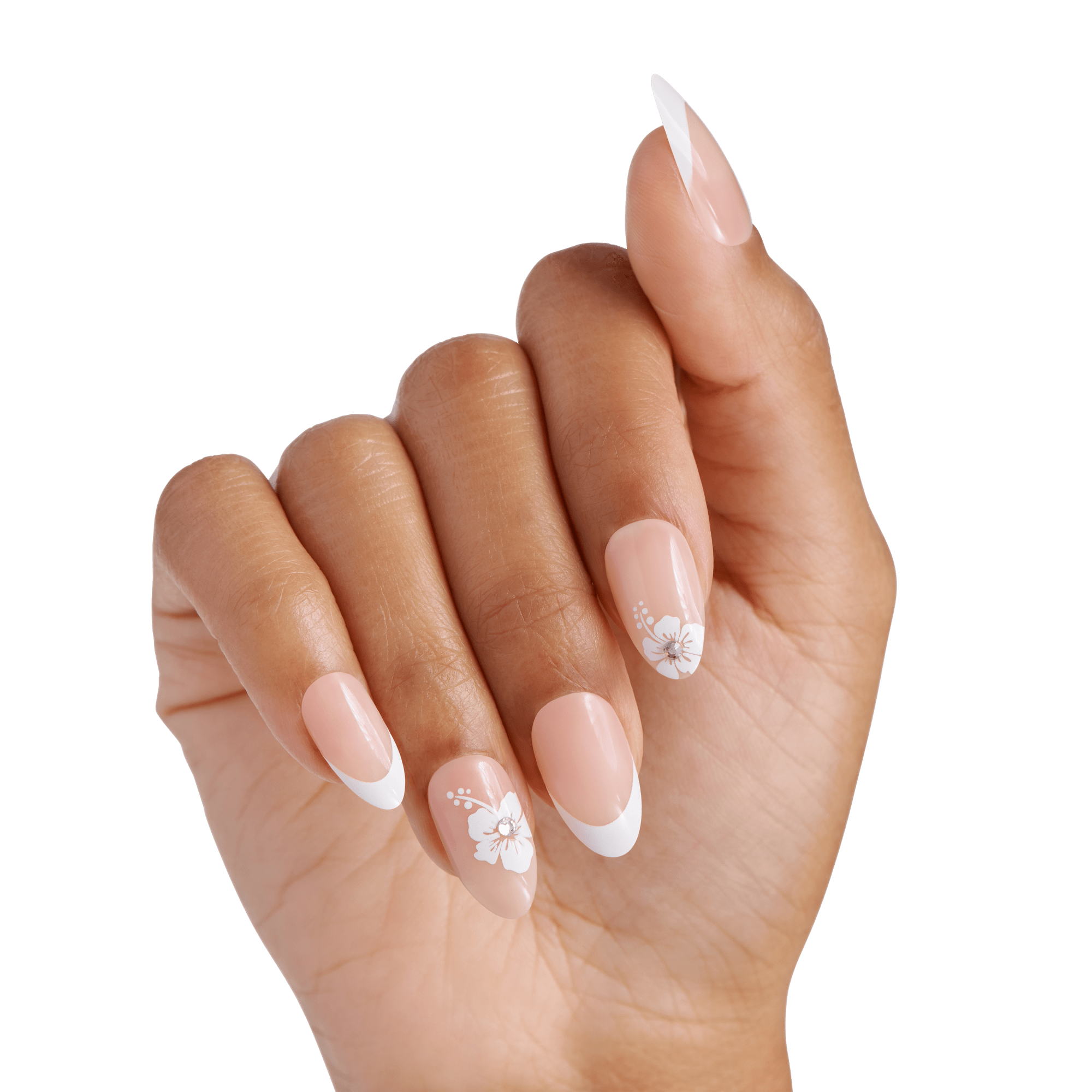 The image features a hand with elegantly manicured nails. The nails are shaped in a stylish almond form and have a soft pink base color. Each nail is adorned with a delicate white French tip, enhancing their sophistication. Additionally, there are intricate floral designs in white on some of the nails, adding a touch of femininity and artistry to the overall look. The hand is positioned gracefully, showcasing the nails against a clean, white background.