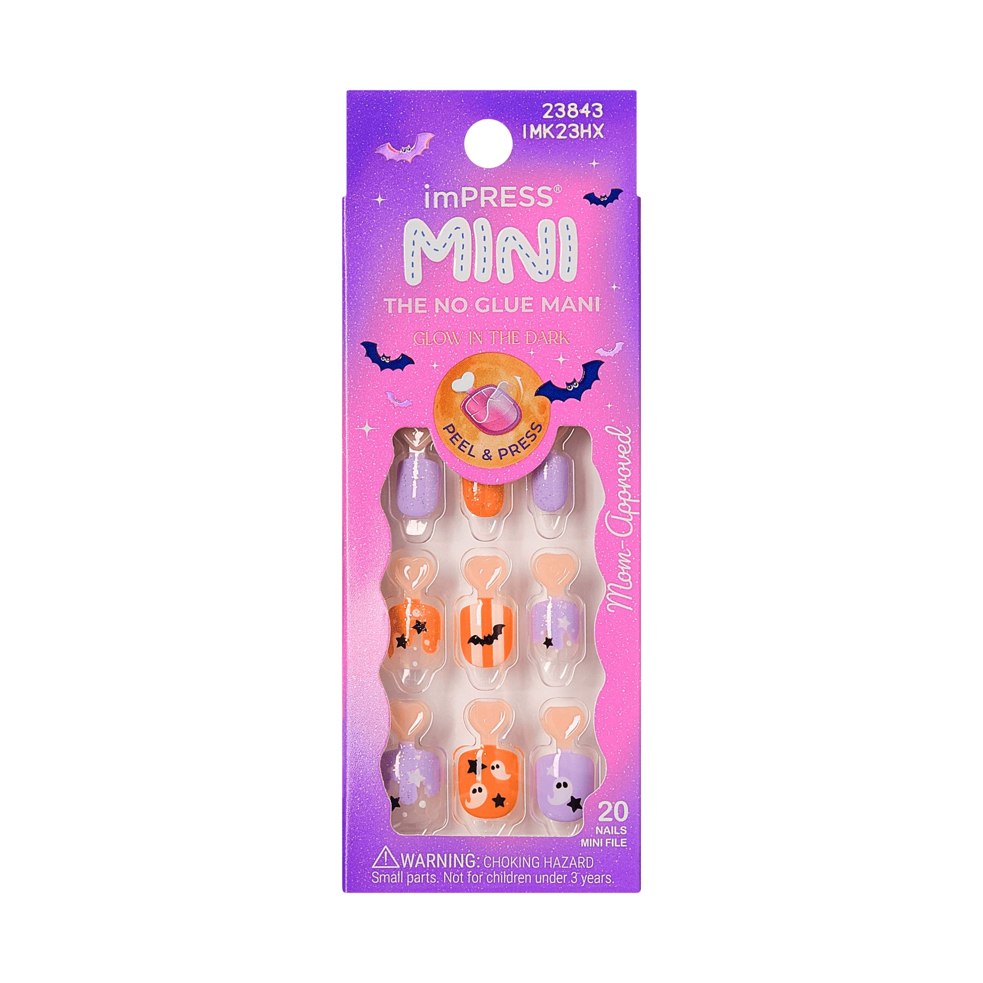 Impress Kids Halloween No Glue Fake Press On Nails - Boo! | Design, Purple & Orange, Kids, Squoval, Glow In The Dark, Manicure