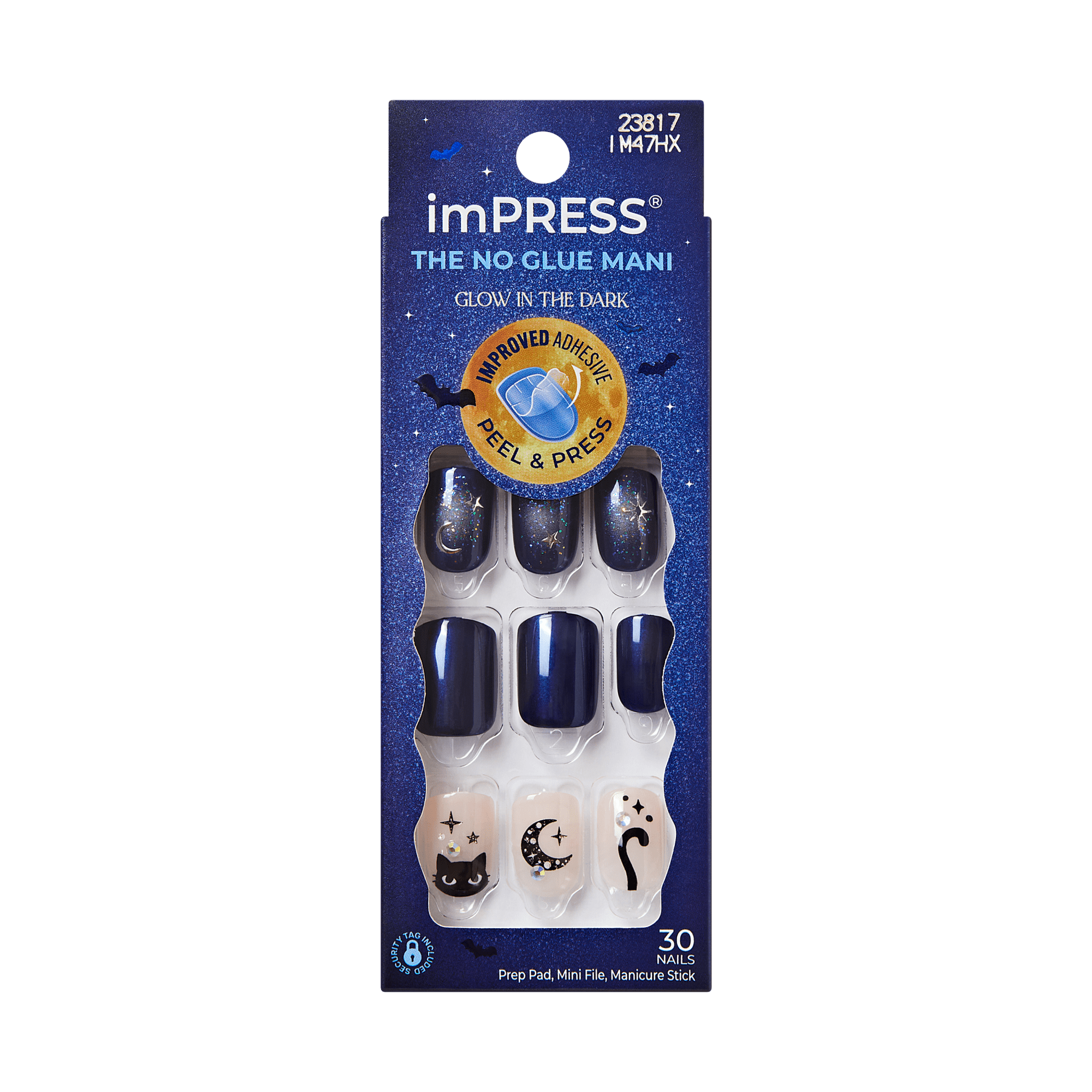 Impress Design Halloween No Glue Fake Press On Nails - Fright Club | Design, Blue & Pink, Short, Squoval, Glow In The Dark, Manicure