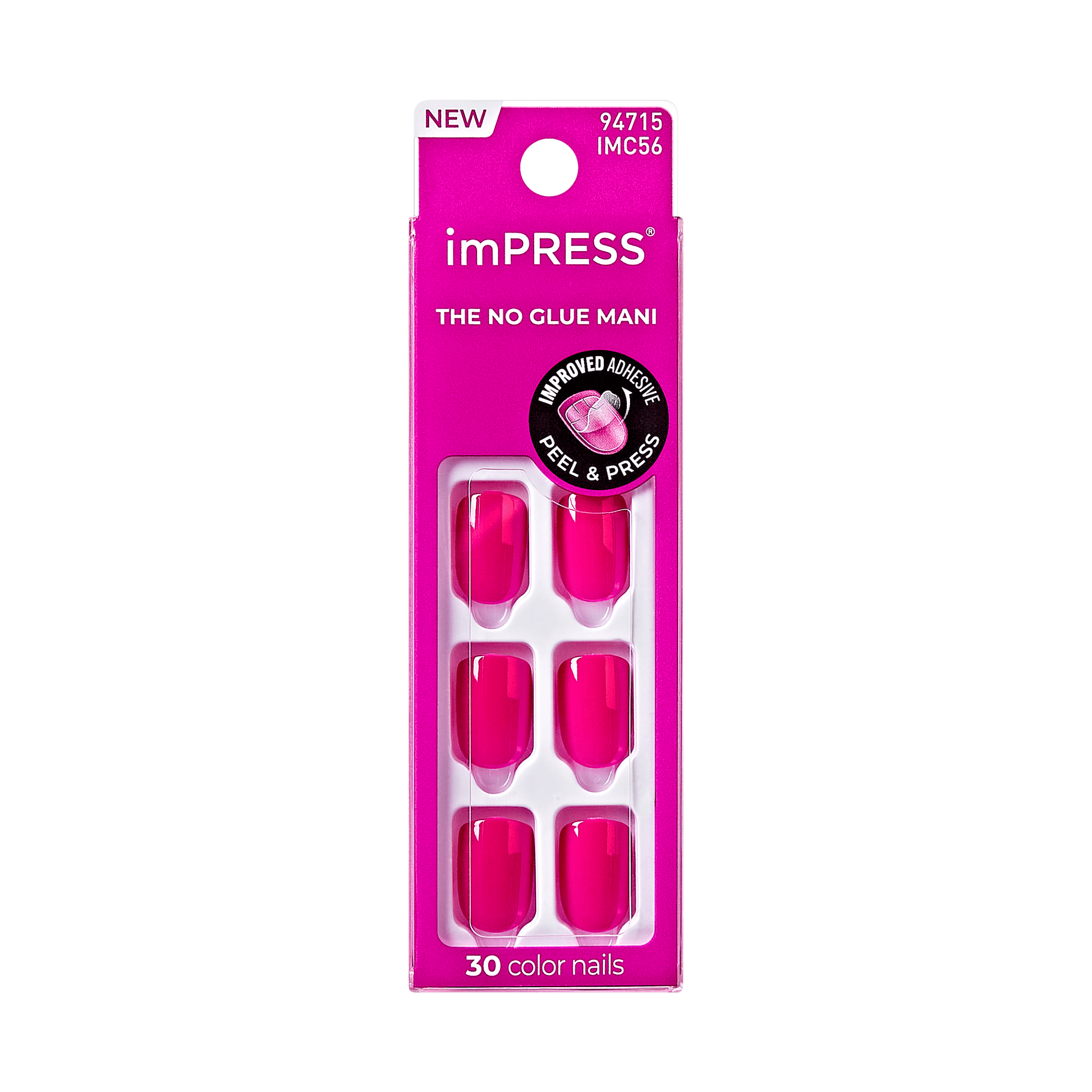 Bright pink imPRESS press-on nails in packaging with text highlighting no glue needed and improved adhesive peel & press, containing 30 nails.