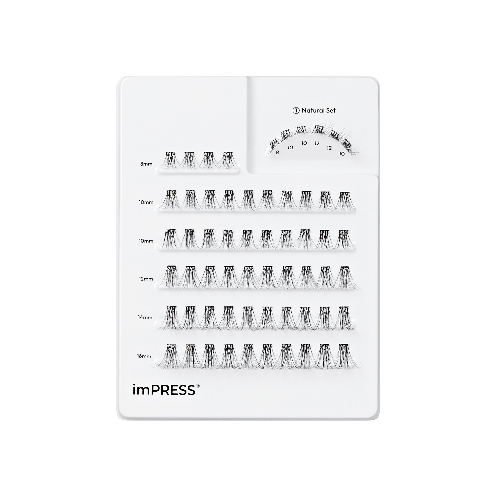 imPRESS Natural Set lash extension chart displaying sizes 8mm-16mm with application guide.