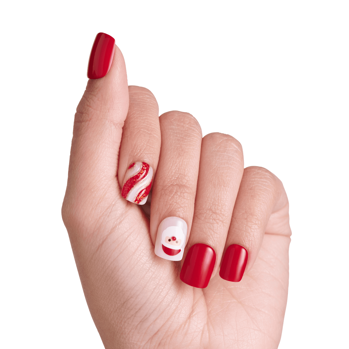 Impress Design Holiday No Glue Fake Press On Nails - Starlit | Design, Red & White, Short, Squoval, Manicure