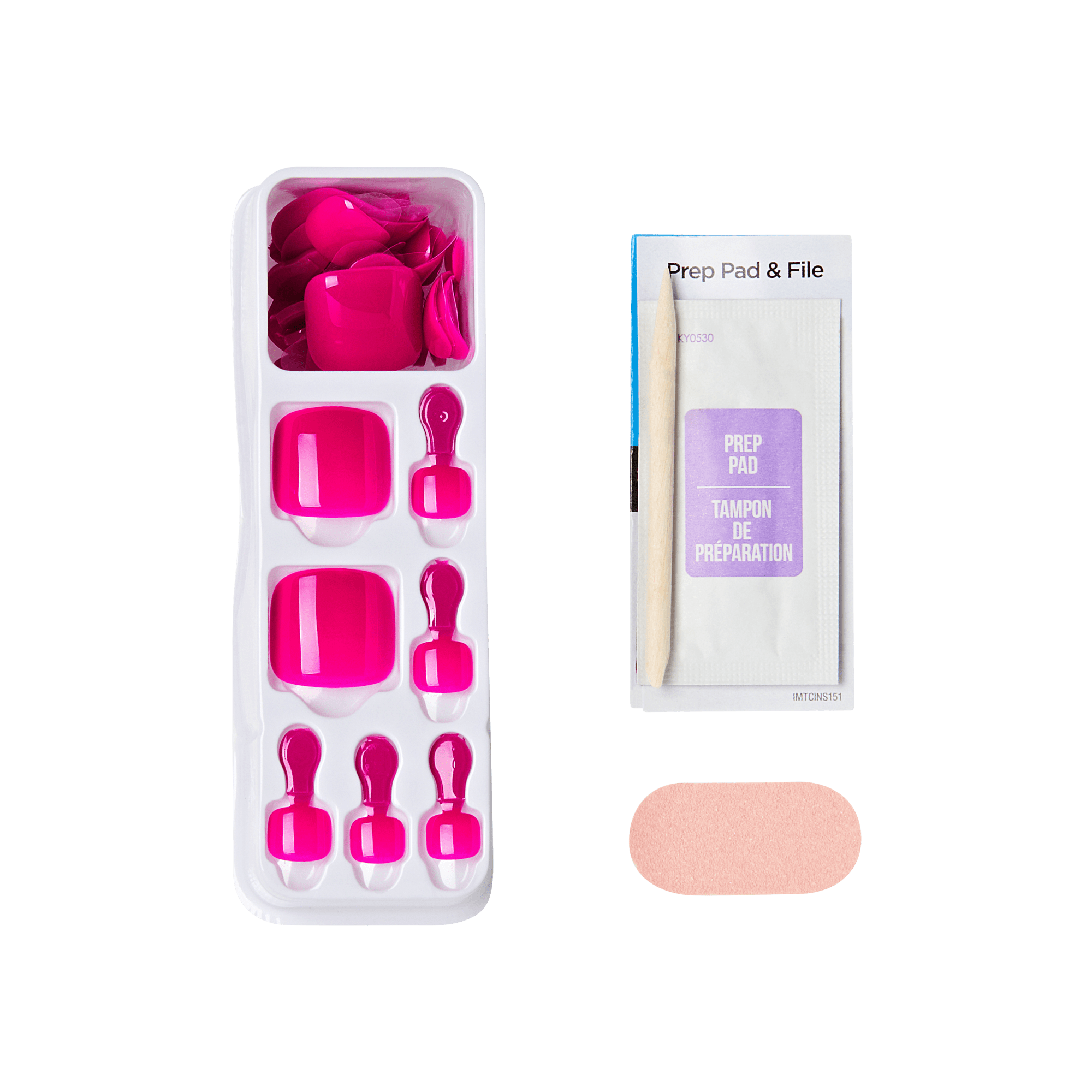 Set of pink press on nails including a prep pad and file on a transparent background