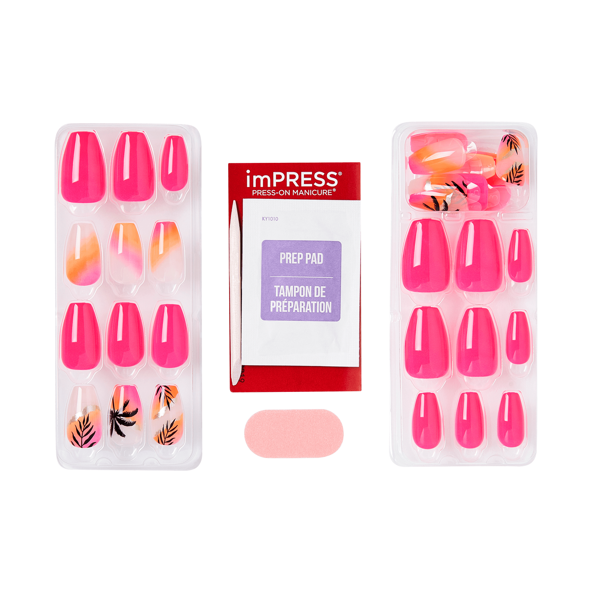 Packaged press-on nails with a preparation pad and file