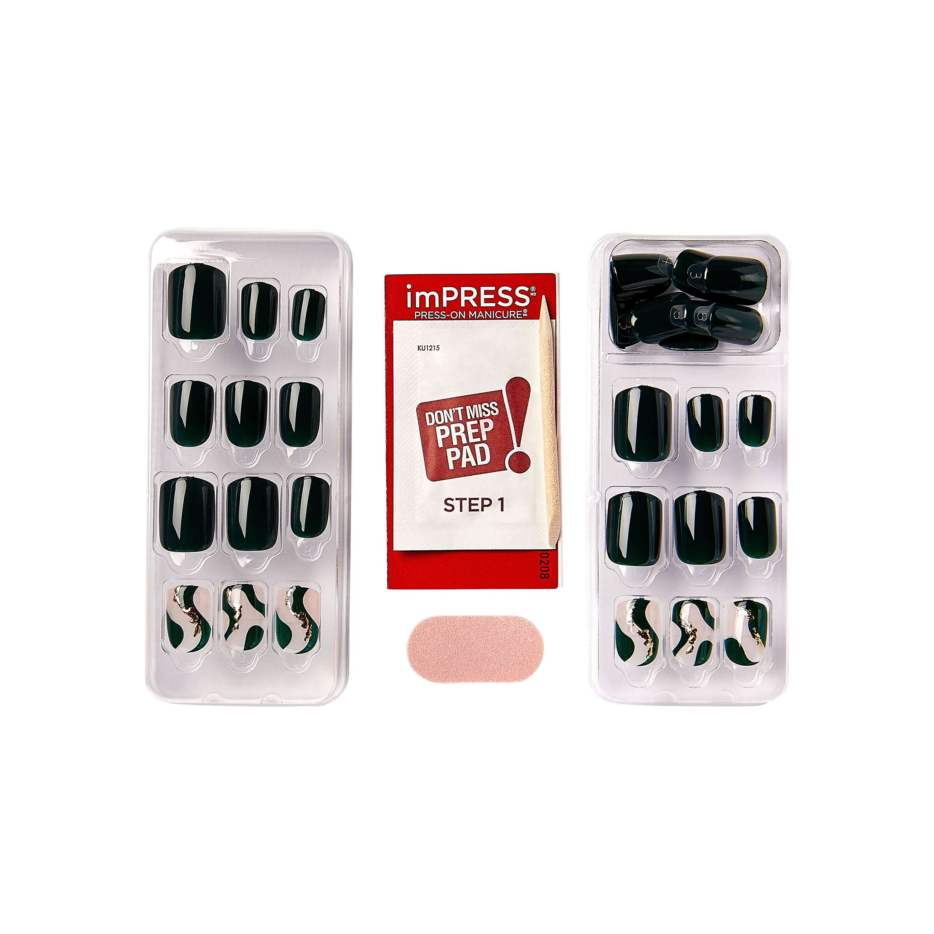 Two trays of glossy press-on nails in dark green with three accent nails featuring abstract gold and white designs, a red and white prep pad packet labeled \