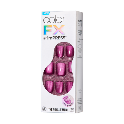 A package of impress colorfx press-on manicure nails in a glittery purple shade.